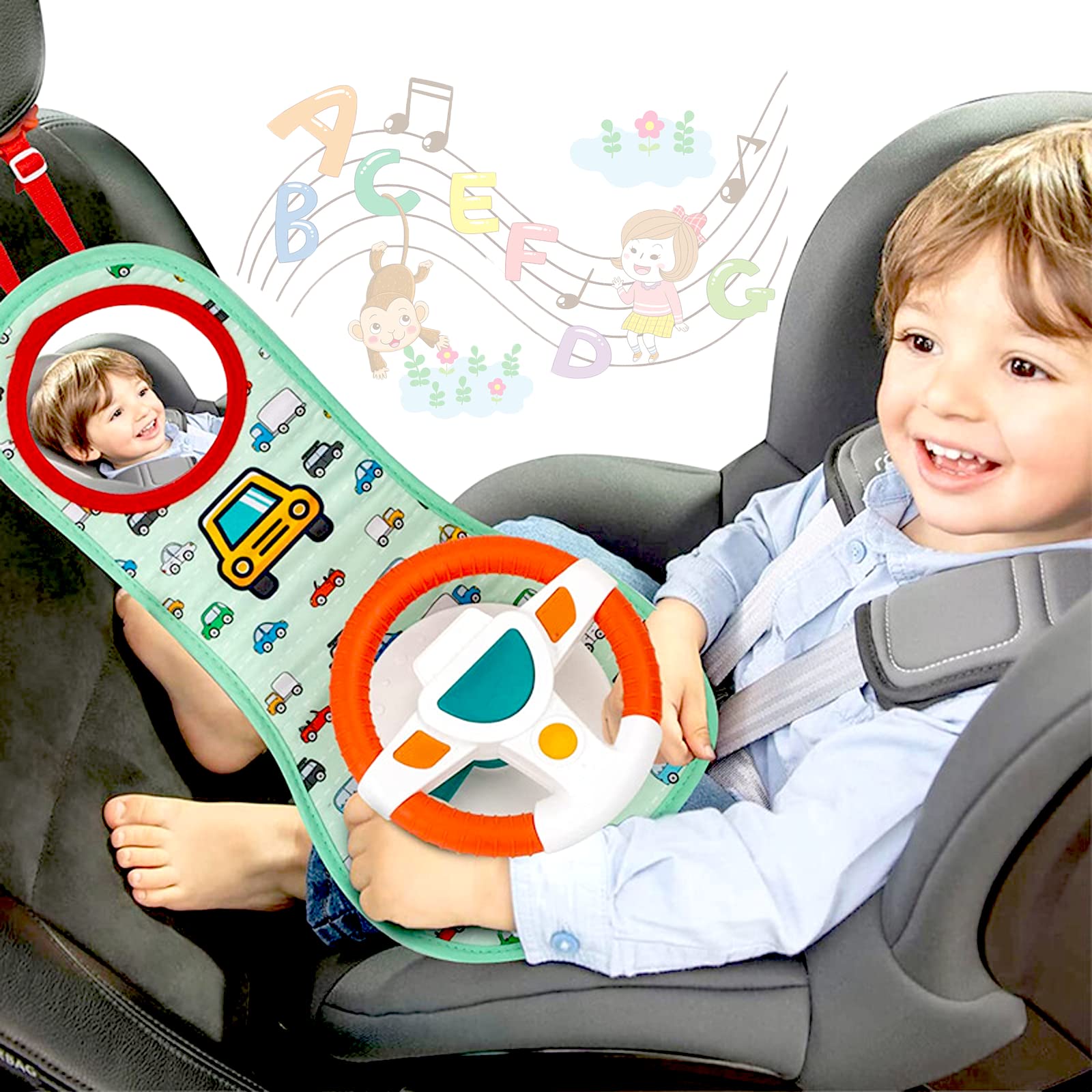 Baby Car Seat Toys for Infants with Mirror, Steering Wheel, Music Lights
