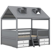 Full Size Wood House Bed Frame with Full-Length Fence and 4 Storage Drawers