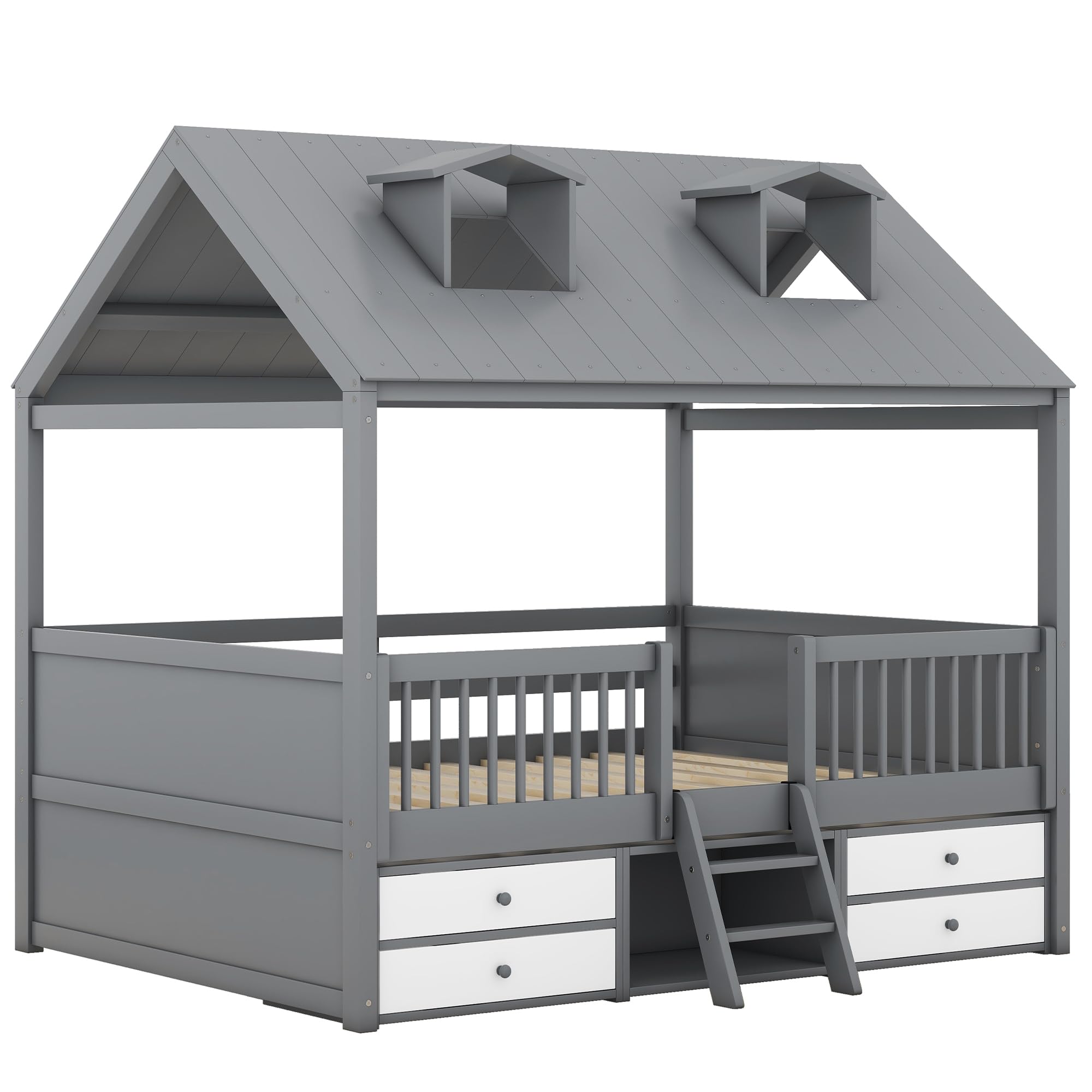 Full Size Wood House Bed Frame with Full-Length Fence and 4 Storage Drawers