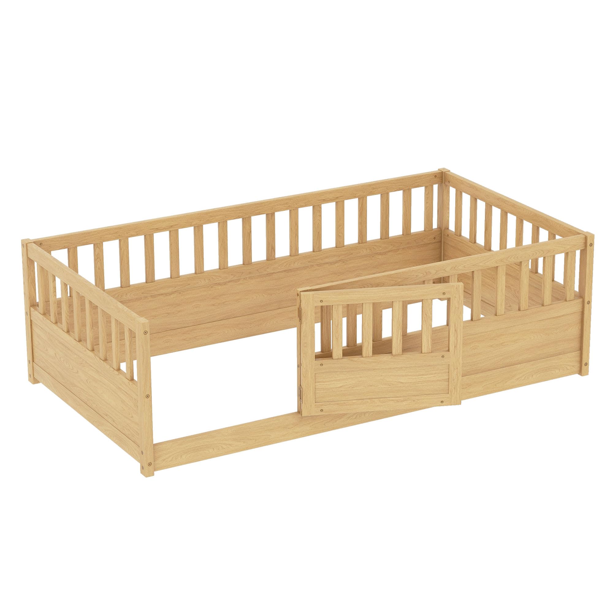 Twin Montessori Floor Bed with High Fence and Door