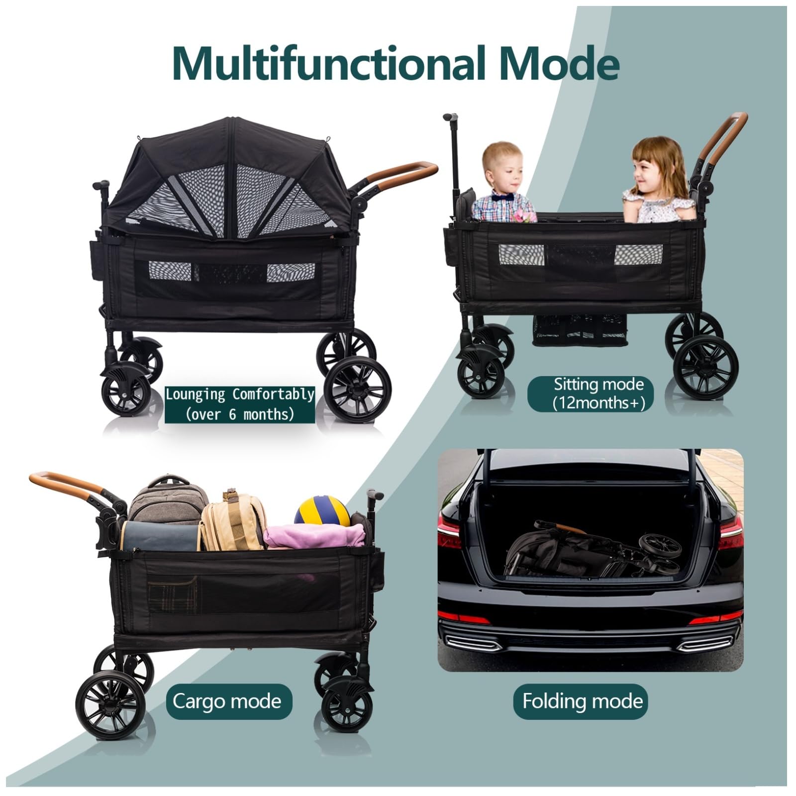 SPWVIP Stroller Wagon for 2 Kids- Lightweight Travel Folding Push Pull Baby Wagon for Newborn&Toddler with 5-Point Harness,Adjustable Canopy,Tray Table,Cup Holder,Storage Pocketsets