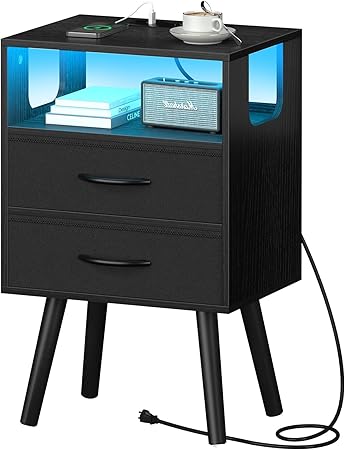 LED Night Stand with Charger Station, Mid Century Modern