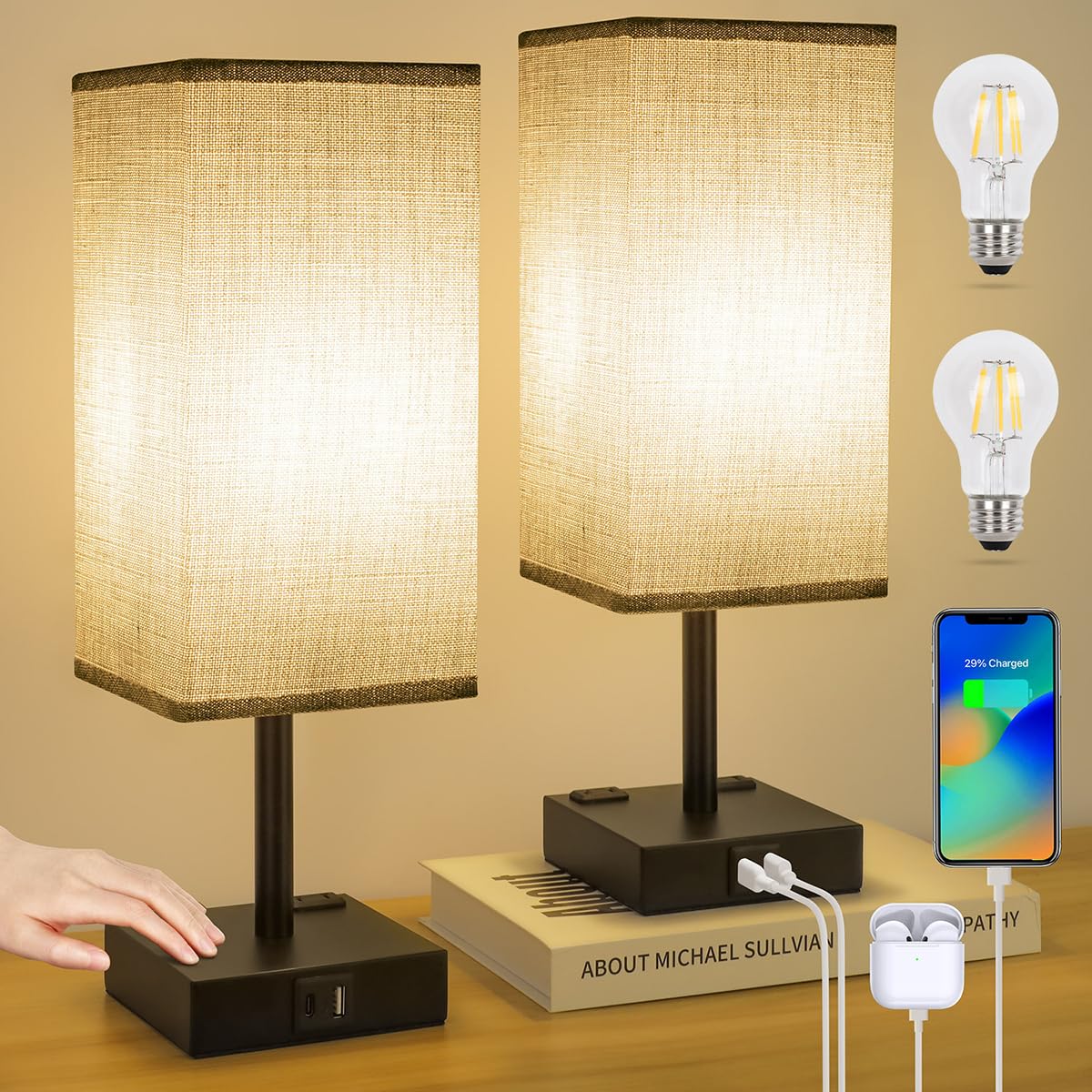 Bedside Table Lamps Set of 2 - Touch Nightstand Lamp for Bedroom
