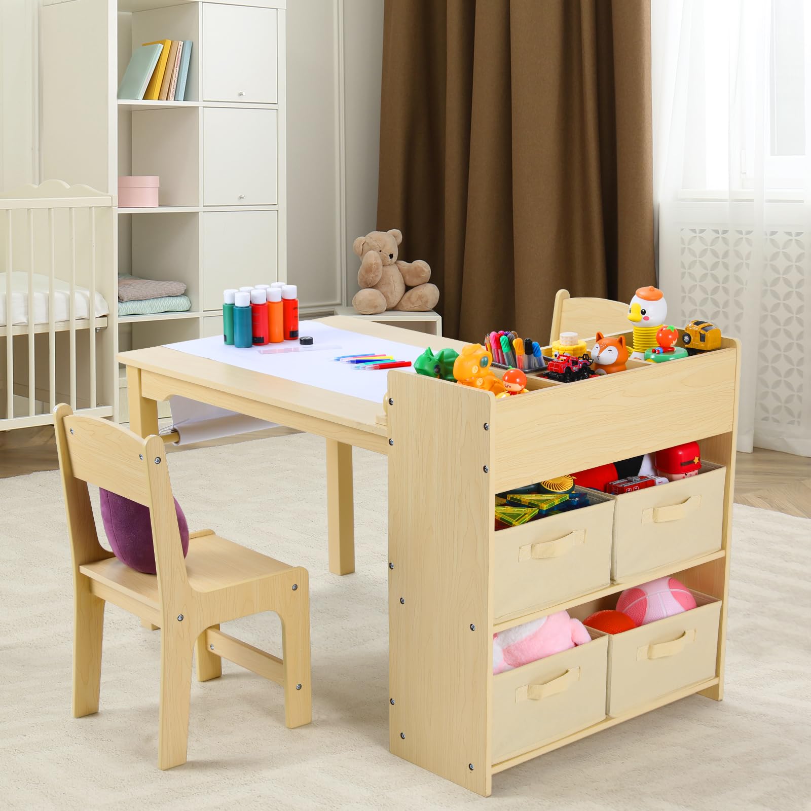 Kids Art Table and 2 Chairs, Toddler Craft Drawing Desk with Large Storage