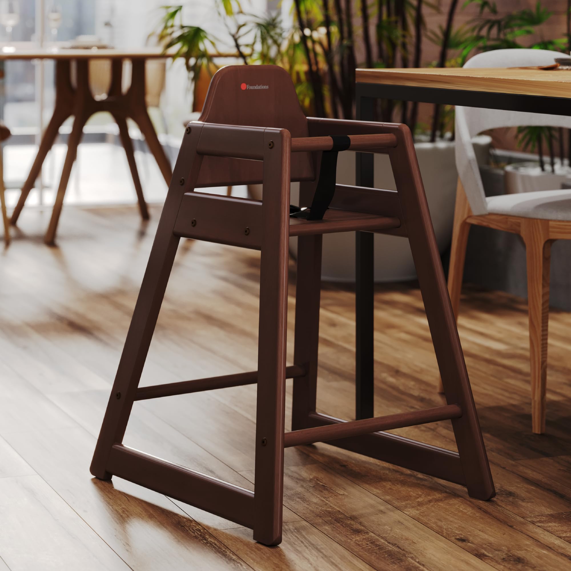Wood Highchair for Restaurants, Easy to Clean, “No-tip” Feet, 3-point Safety Harness
