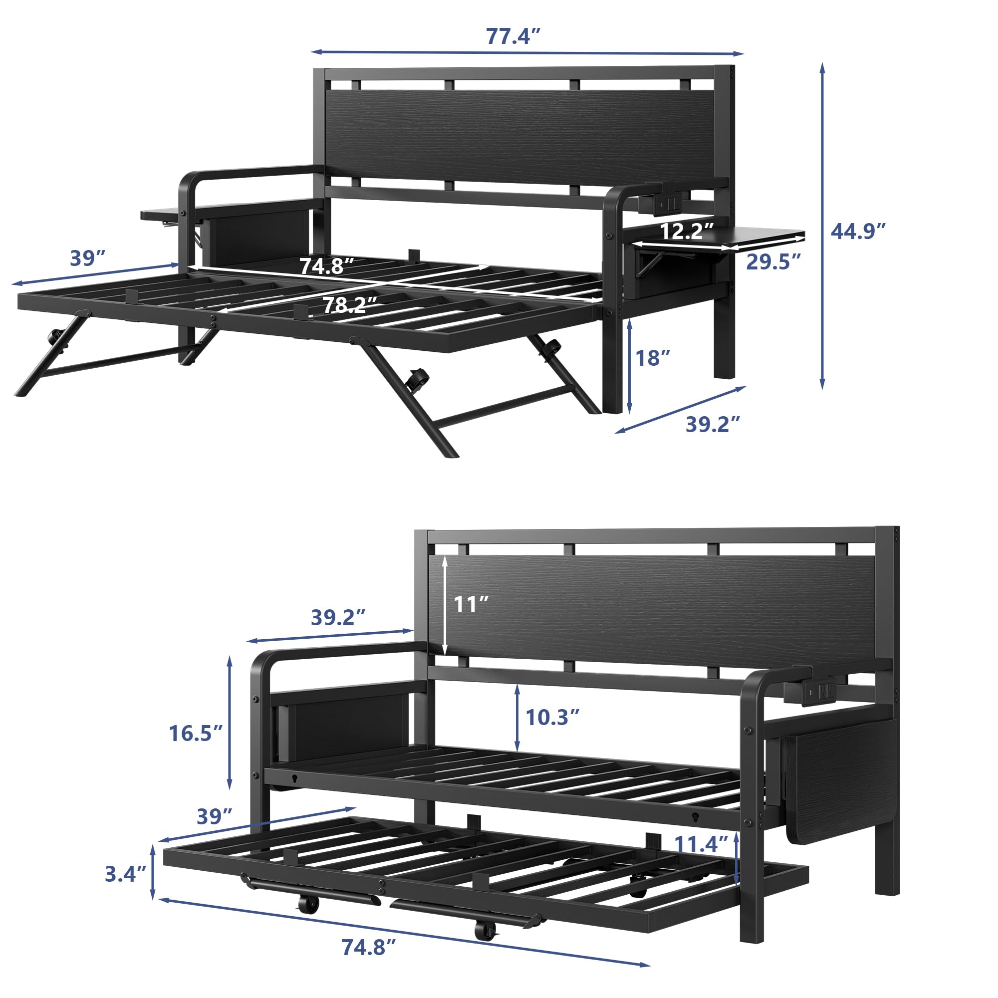 Twin Daybed with Pop-Up Trundle and LED Lights