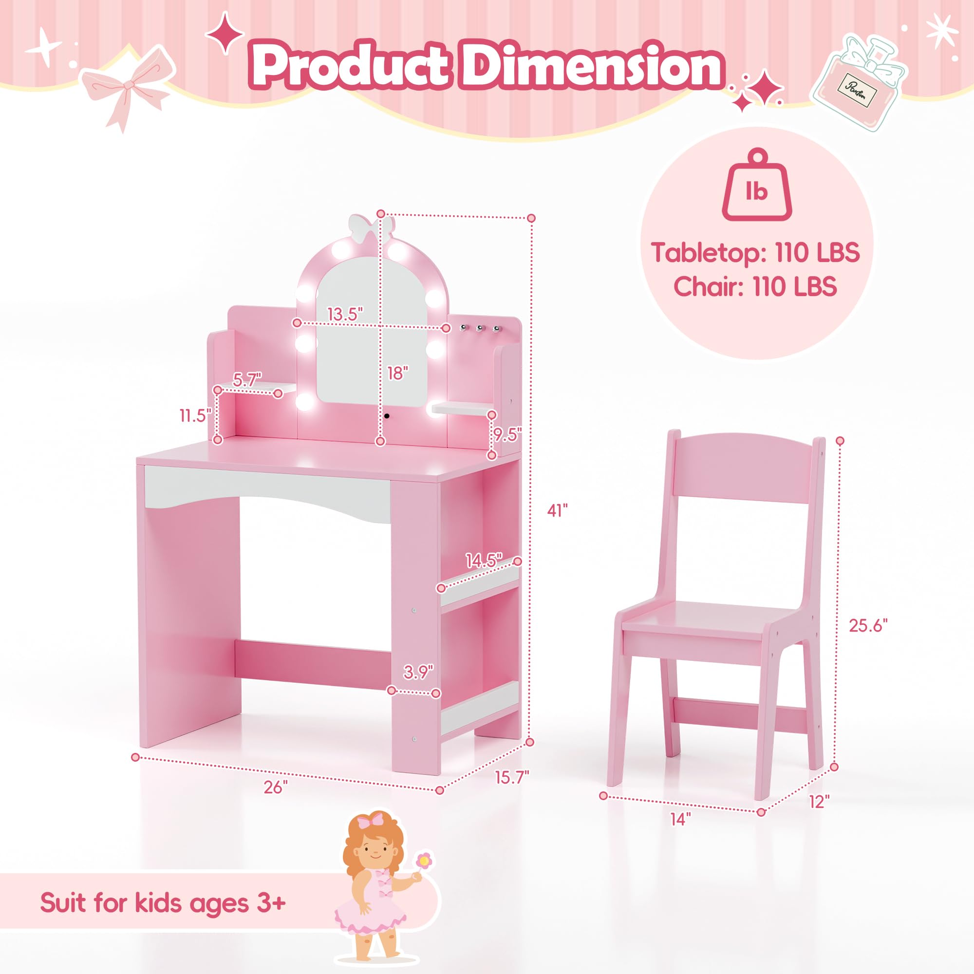 Kids Vanity with LED Mirror and Storage