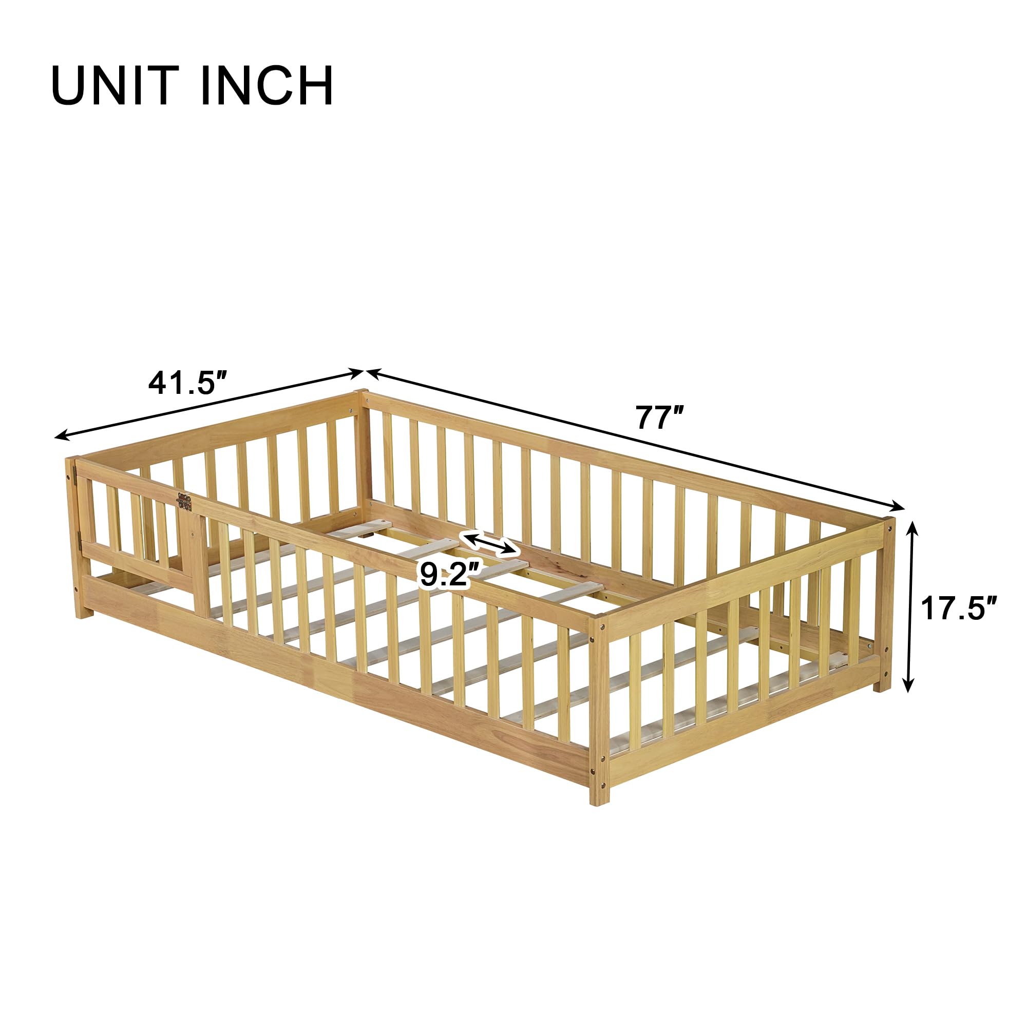 Twin Floor Bed with Slats Door and Safety Fence