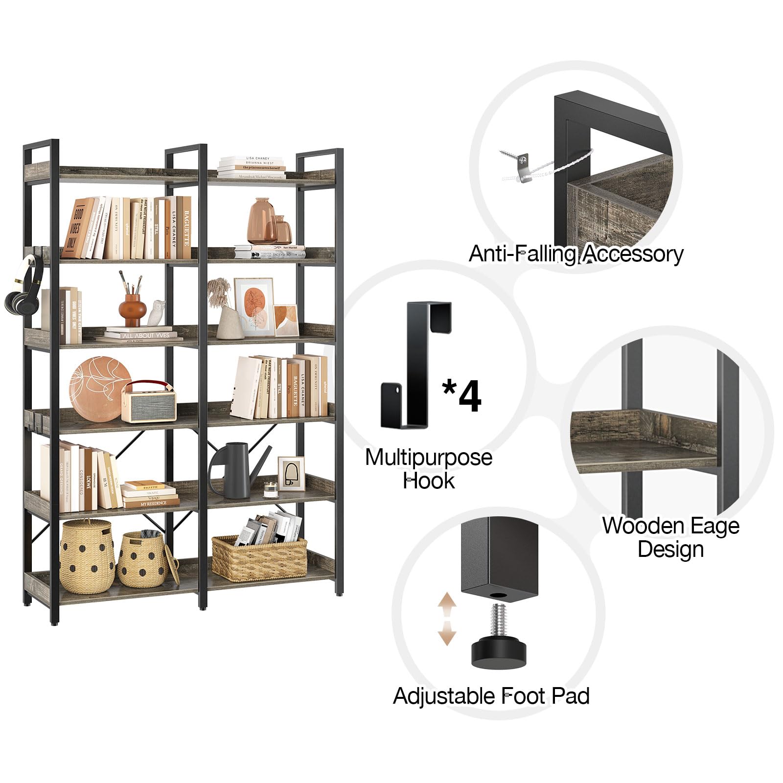 6-Tier Industrial Bookshelf with Hooks 67" Tall