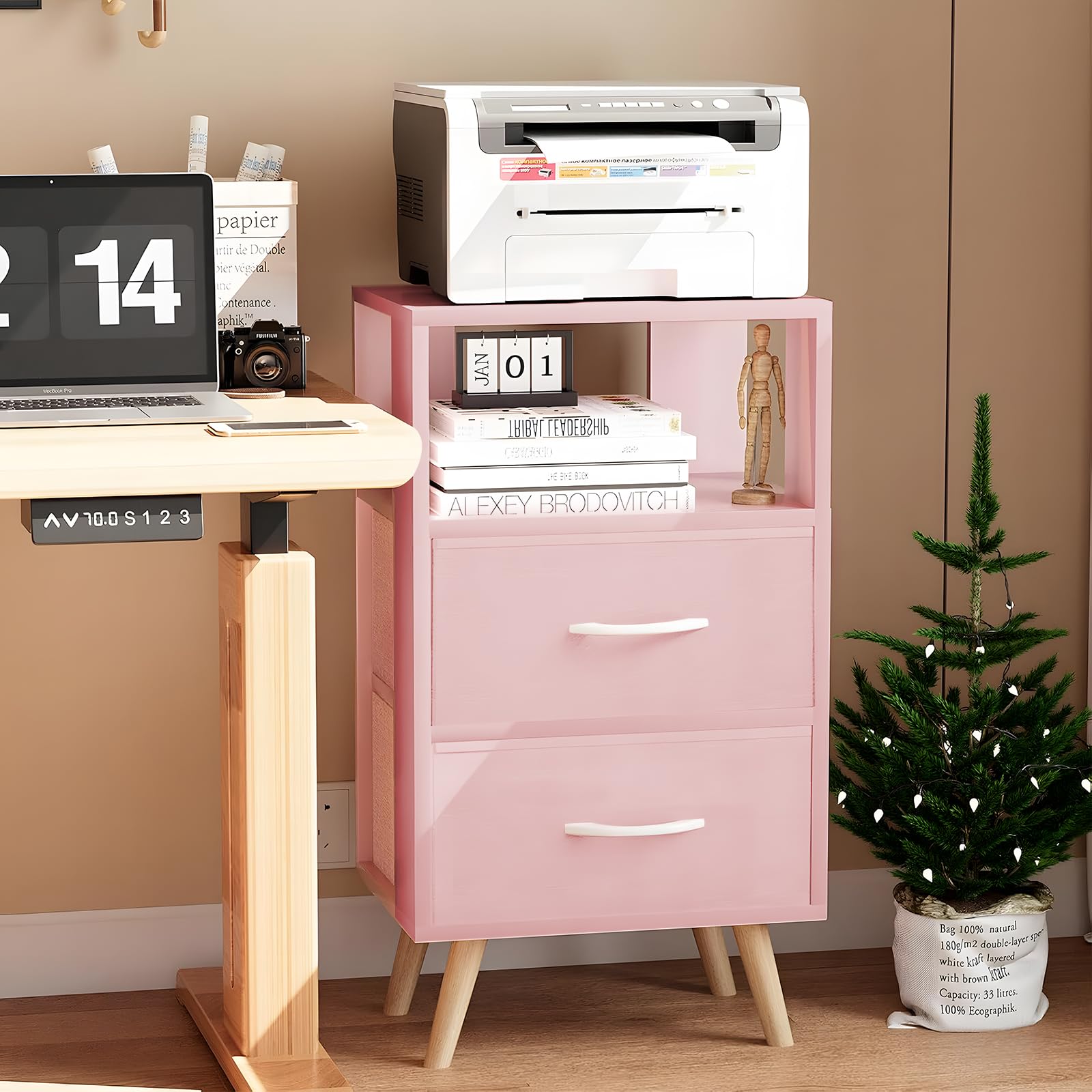 Night Stand, Pink Kids Nightstand with 2 Drawers, Nursery Side