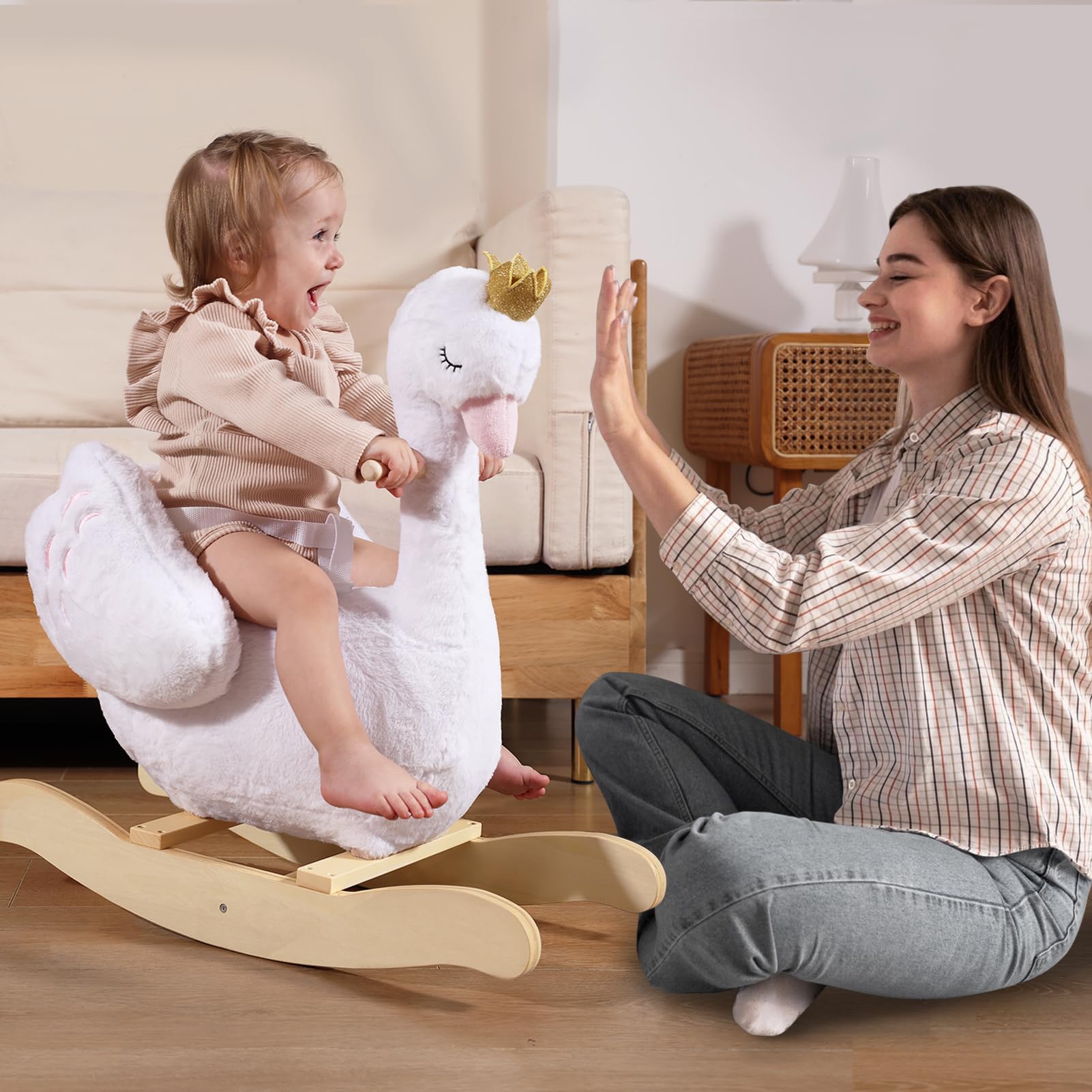 Kids Rocking Horse White Swan, Stuffed Animal Wooden Rocker for Children 6 Months