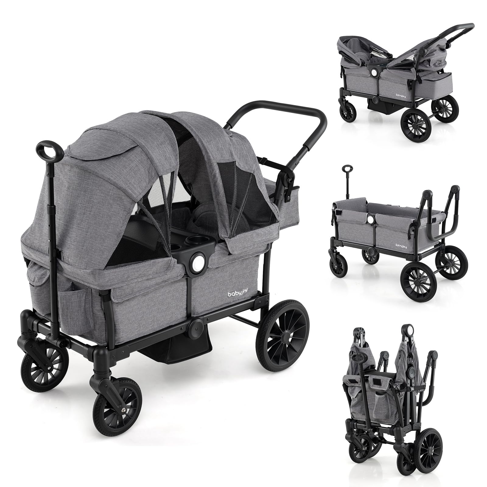 Wagon Stroller for 2 Kids, Collapsible Push Pull Double Stroller Wagon