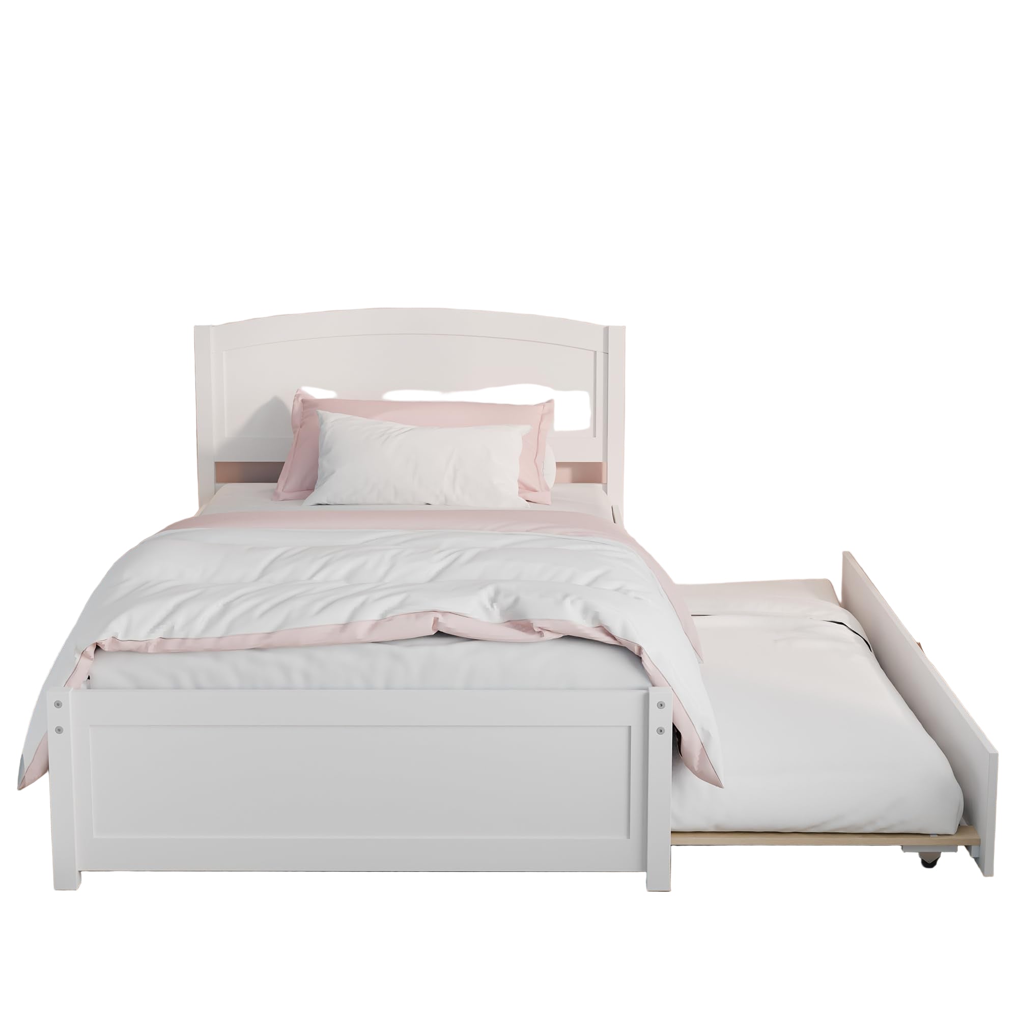 Daybed with Trundle, Twin Size Pull Out Bed, Include Slat Support (White, Trundle)