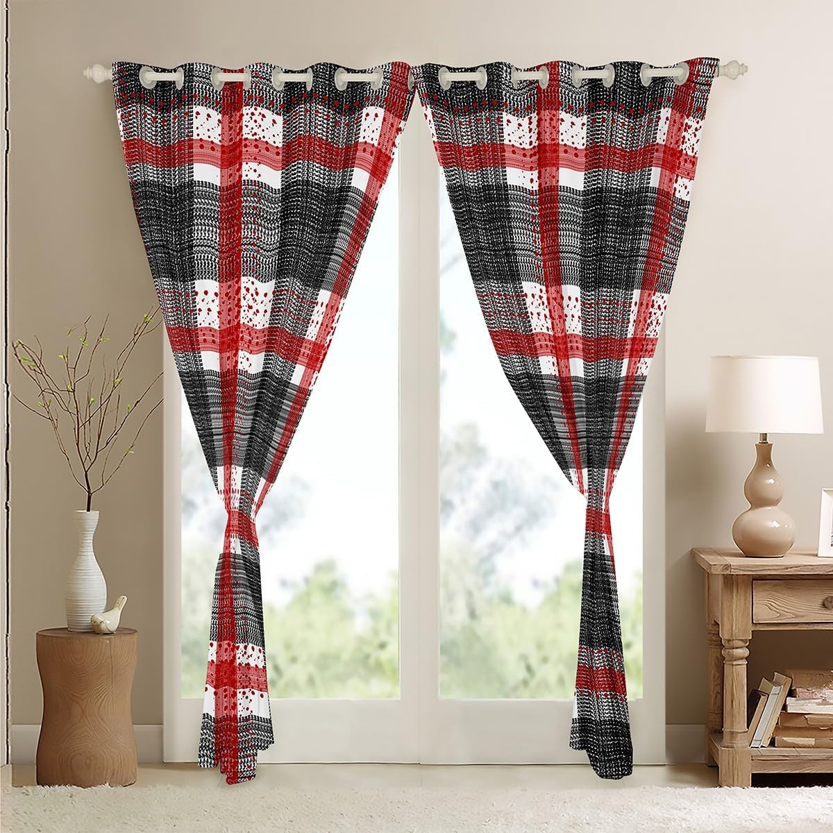 Geometric Lattice Kids Darkening Drapes Bedroom Red Plaid
