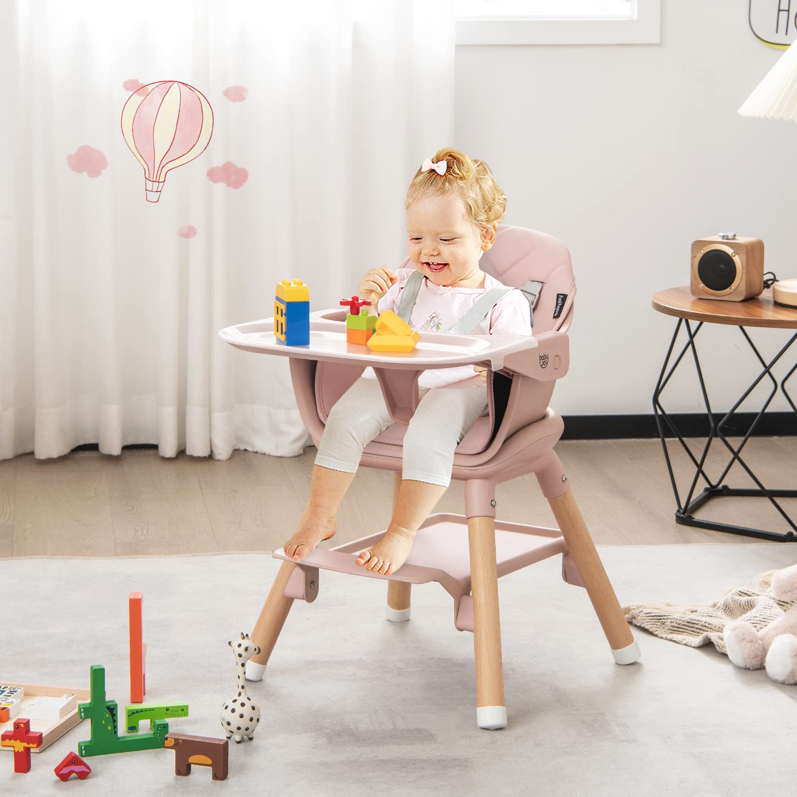 6-in-1 Convertible Wooden Baby High Chair with Adjustable Legs and Removable Tray
