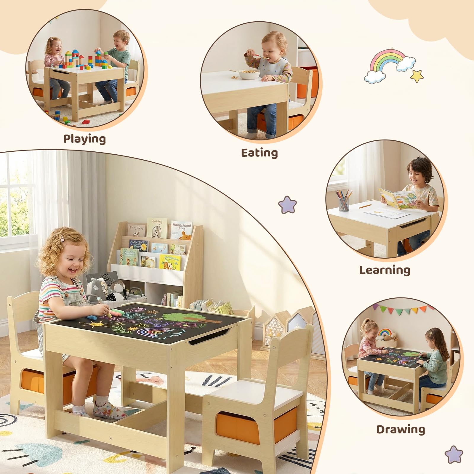 Kids Table and Chair Set with Storage and Reversible Blackboard