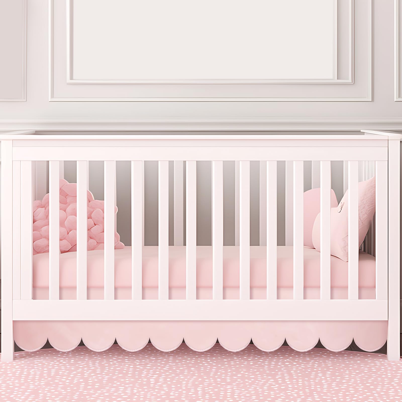 Hahafelt Scalloped Crib Skirt 28"x 52" with Drop Pleated Dust Ruffle with Split Corners for Baby Boys Girls Soft 4-Sided Crib Bed Skirt Nursery Standard Toddler Bedding (14" Drop,Pink)