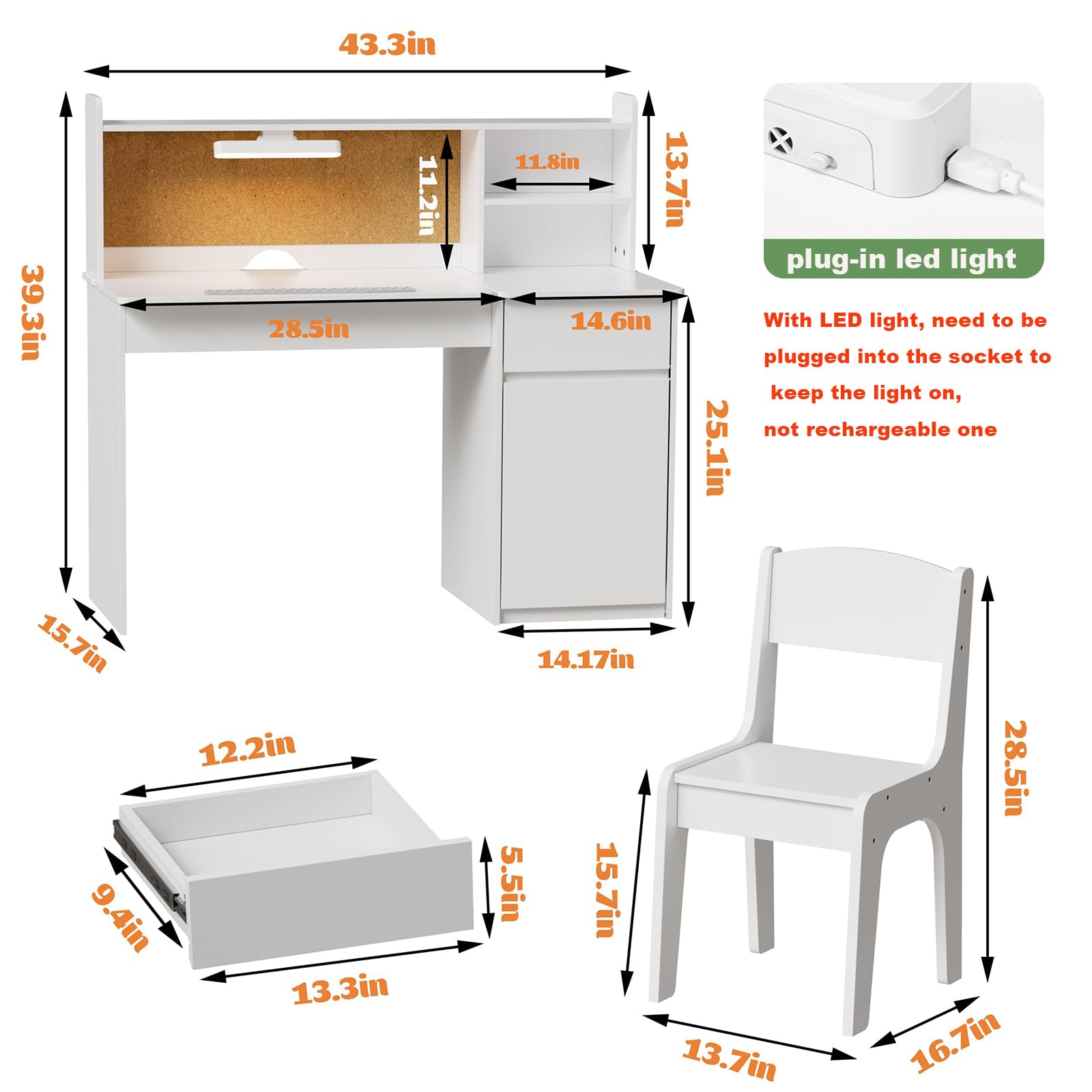 Kids Study Desk and Chair Set with LED Lamp