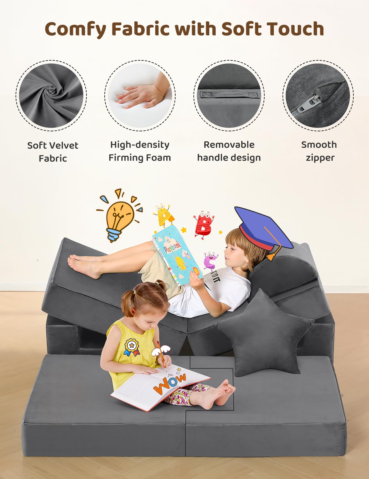 Modular Kids Play Couch with Rocking Horse Cushion and Star Moon Pillows