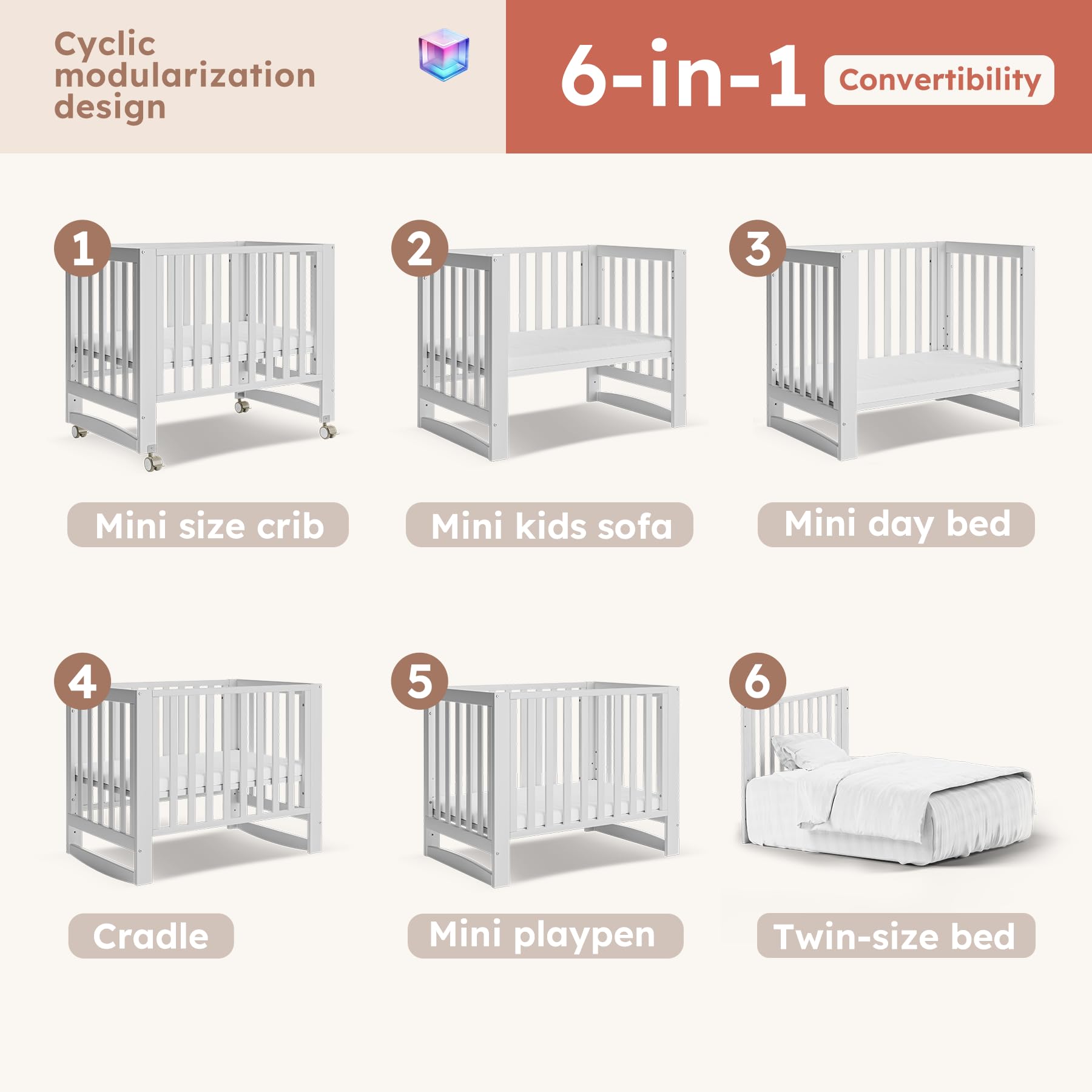 6-in-1 Convertible Baby Crib with Wheels