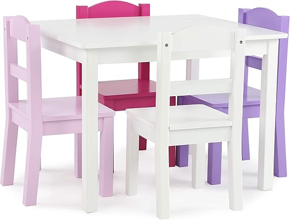 Kids Wooden Table and 4 Chairs Set, White/Pastels - Kids Table and Chair Set