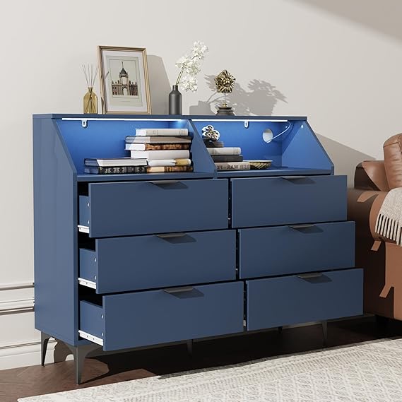 6 Drawer Dresser for Bedroom with Charging Station and LED Lights