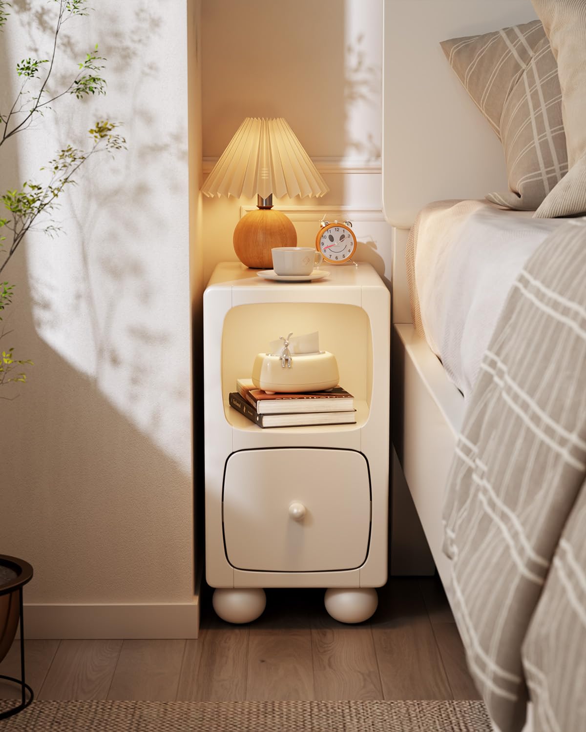 Solid Wood Nightstand with Drawer and USB Night Light