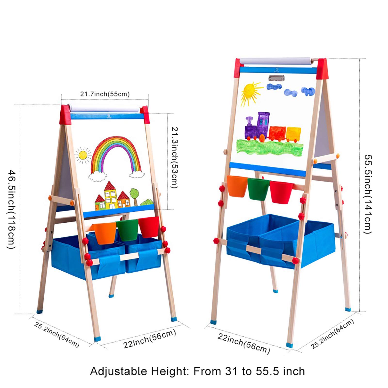 ERYOK Kid's Art Easel with Adjustable Double-sided Magnetic Board, Paper Roll, Storage and Accessories, Standing Art Easel for Kids (31-55.5 inches)