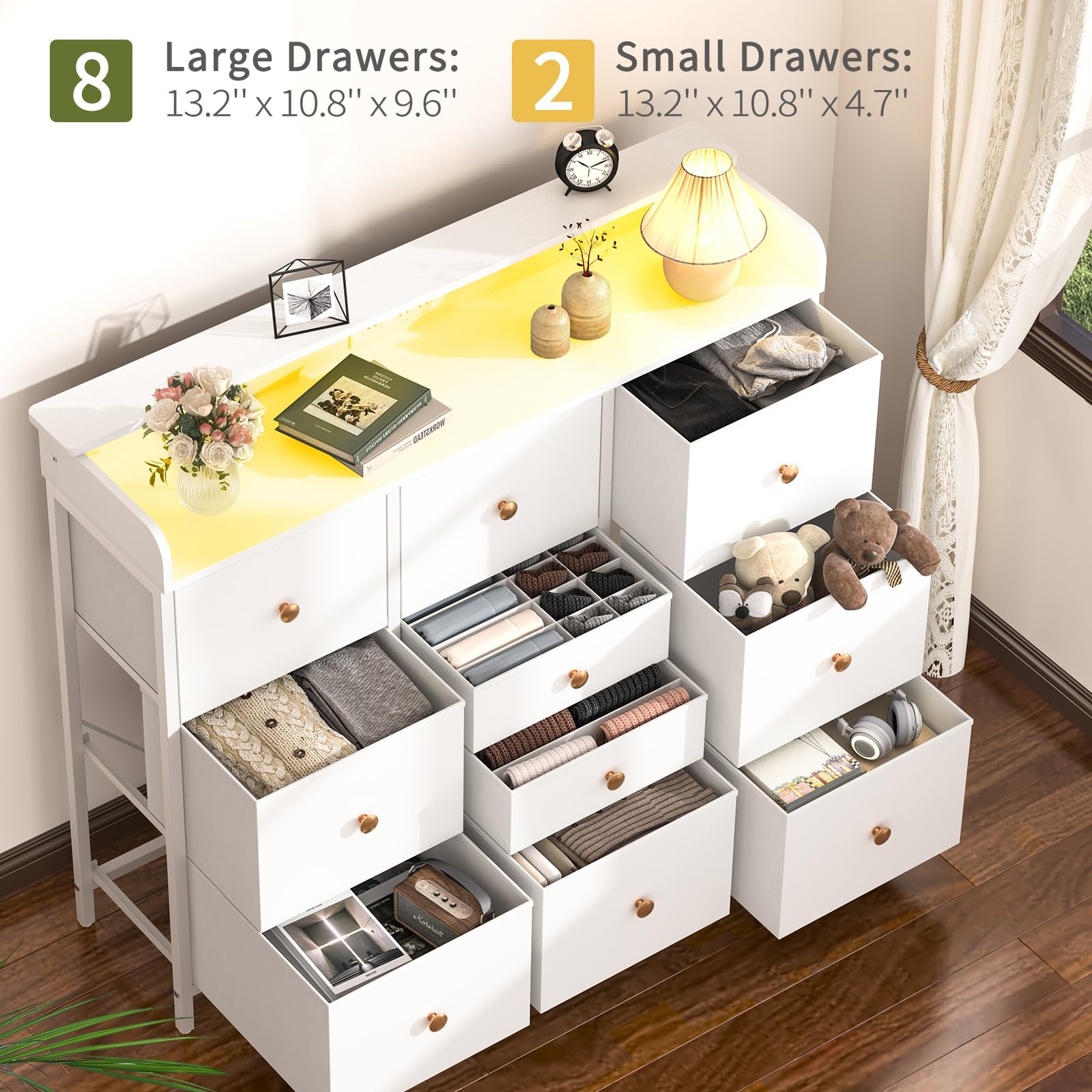 10-Drawer Dresser with Charging Station and LED Lights