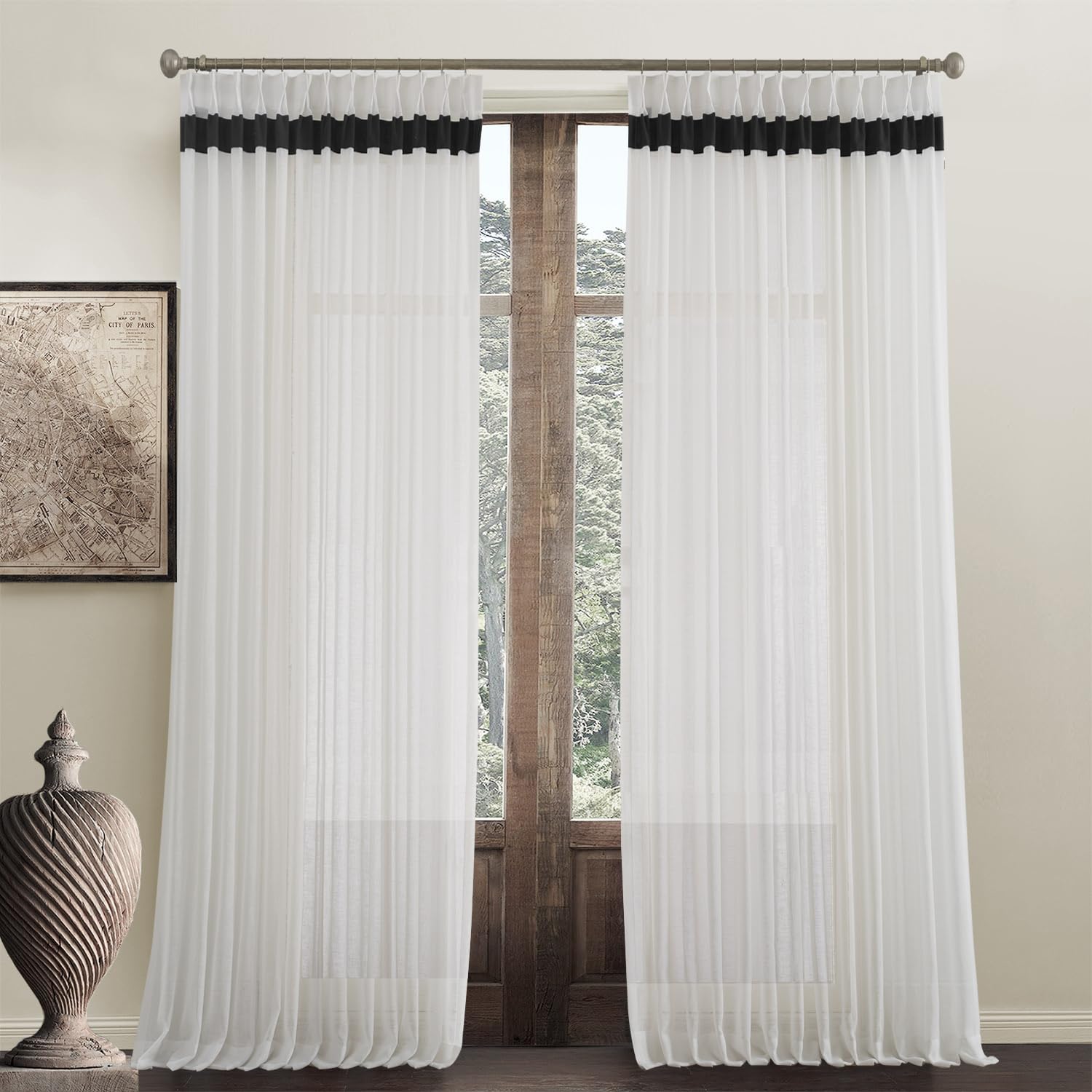 Window Sheer Curtains 42 inches Wide, White with Black Border