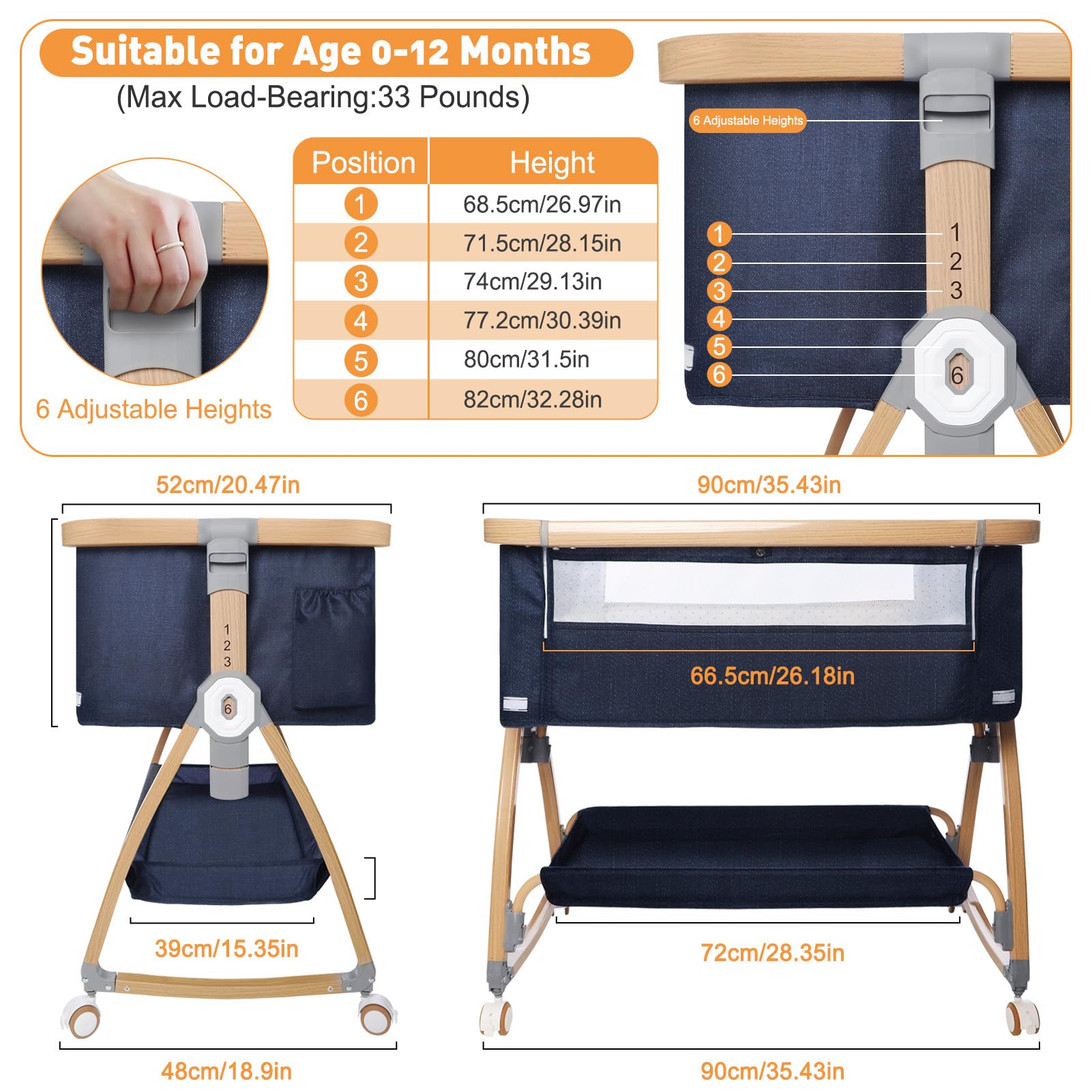 3-in-1 Bedside Baby Bassinet with Adjustable Height