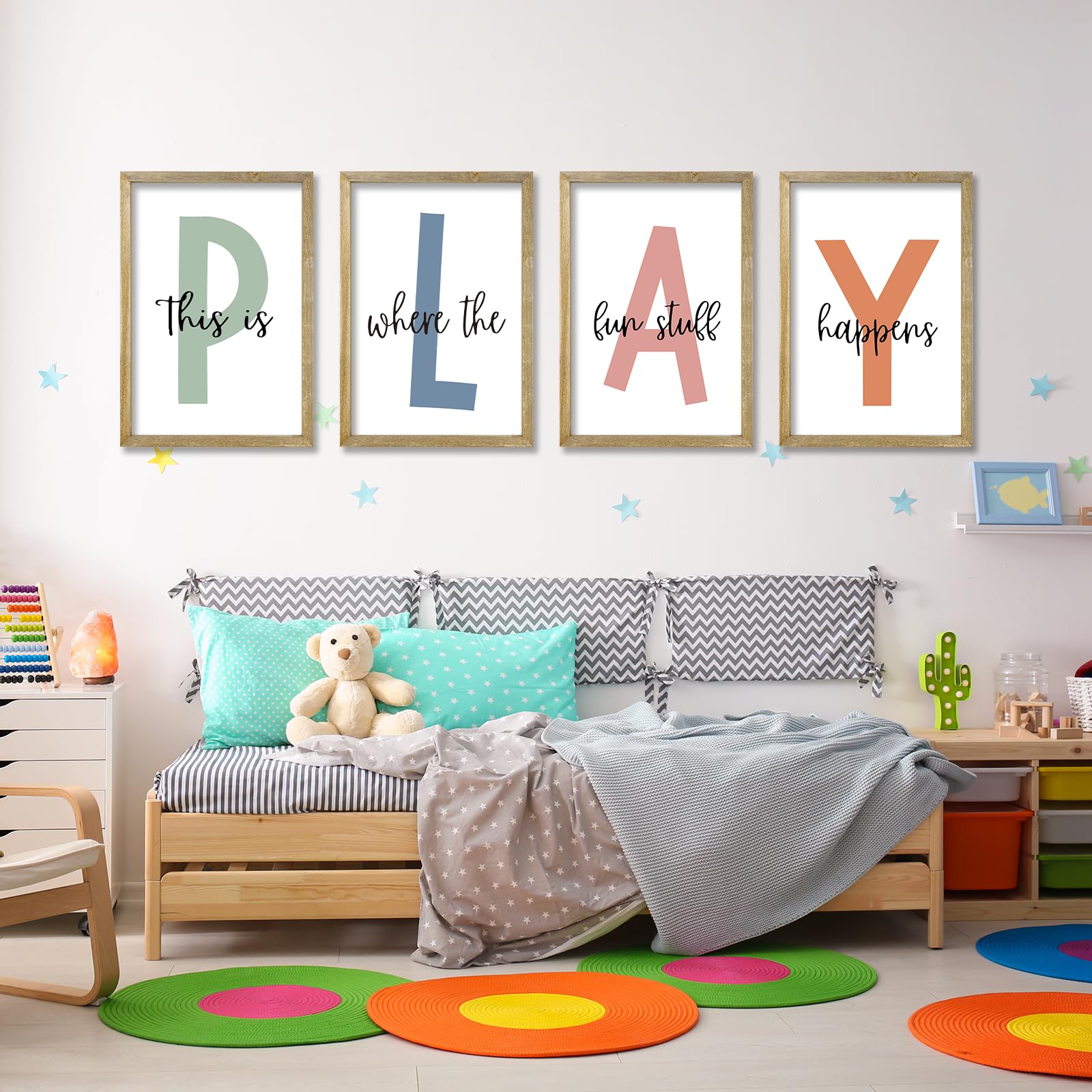 Kids Playroom Wall Art Decor Rustic Wood Framed Sign Set of 4
