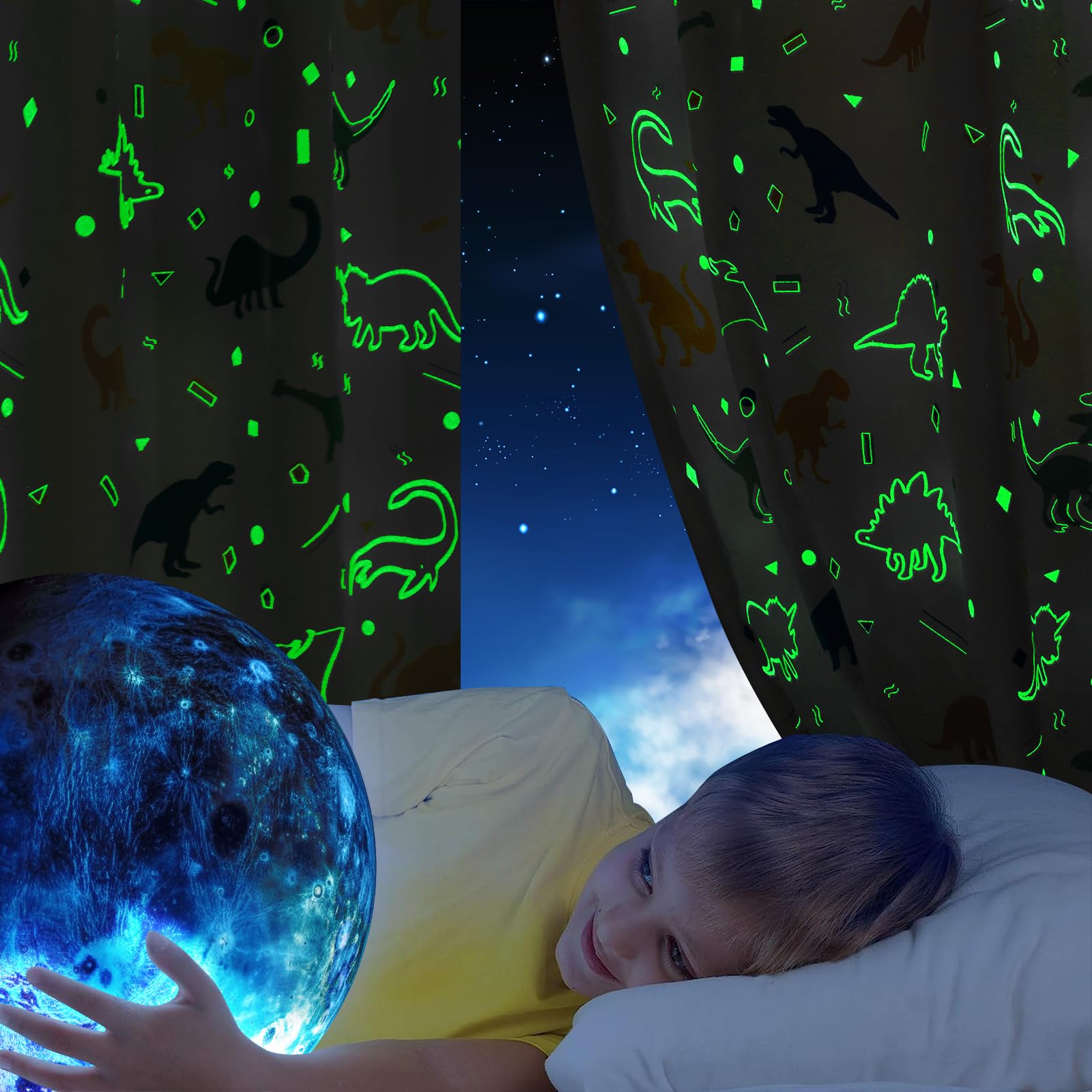 Curtains for Boys Bedroom Glow in the Dark Cartoon Rod Pocket
