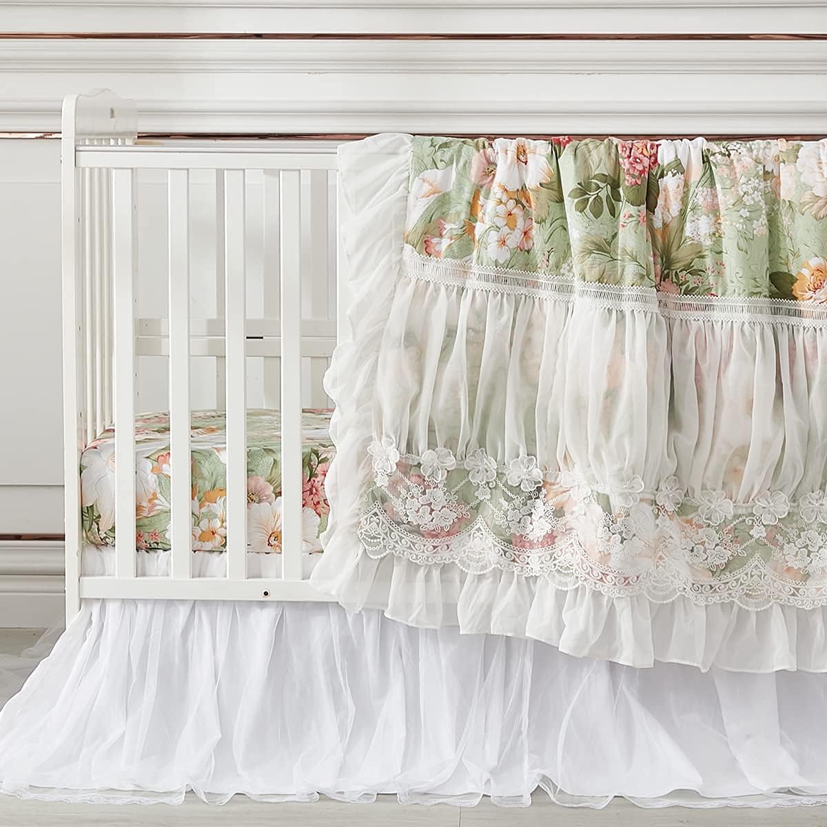 Crib Bedding Sets for Girls Garden Floral Nursery Set 3-Piece | Ruffled Baby Comforter