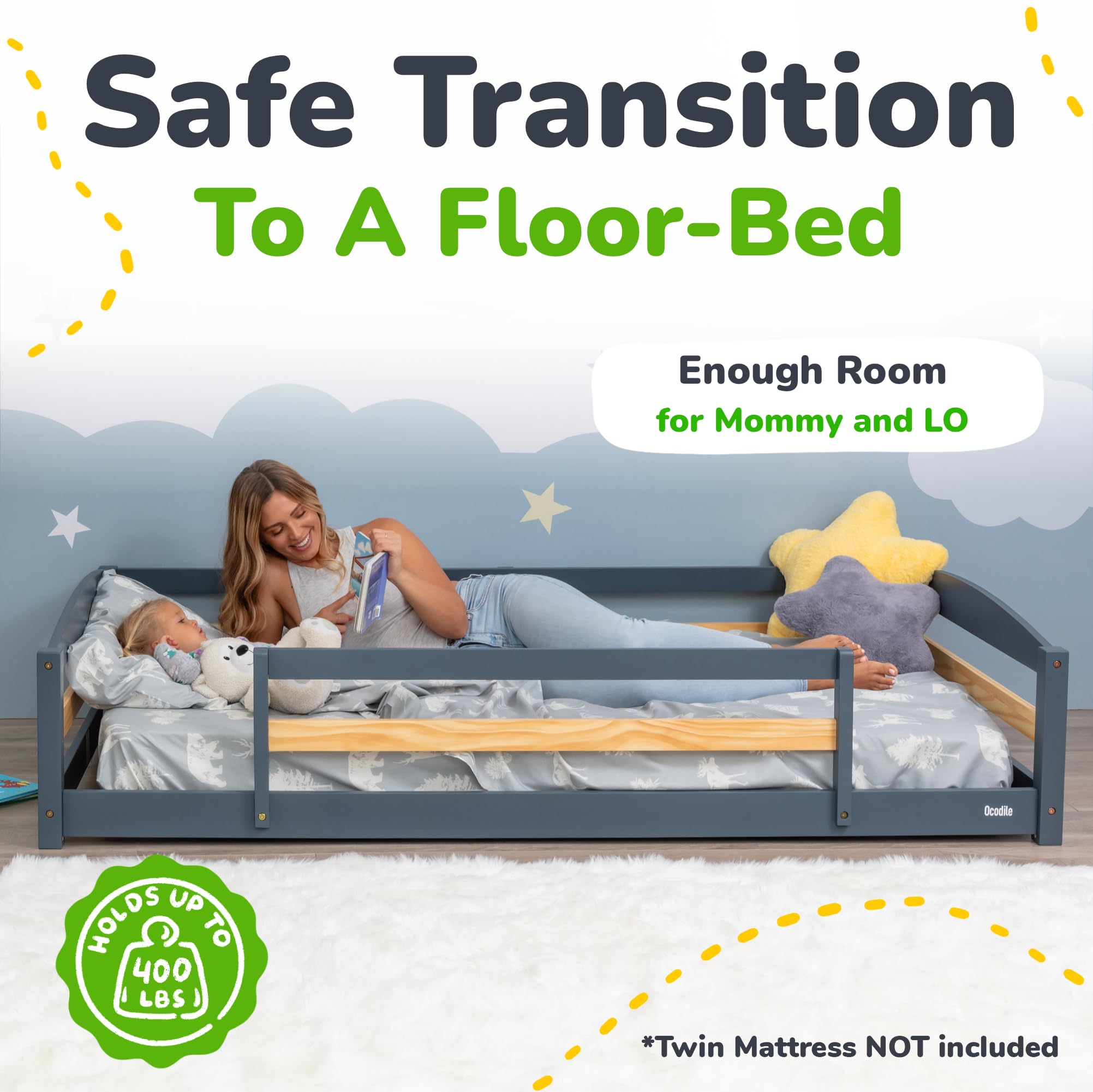 Twin Floor Bed with Safety Guardrails for Kids