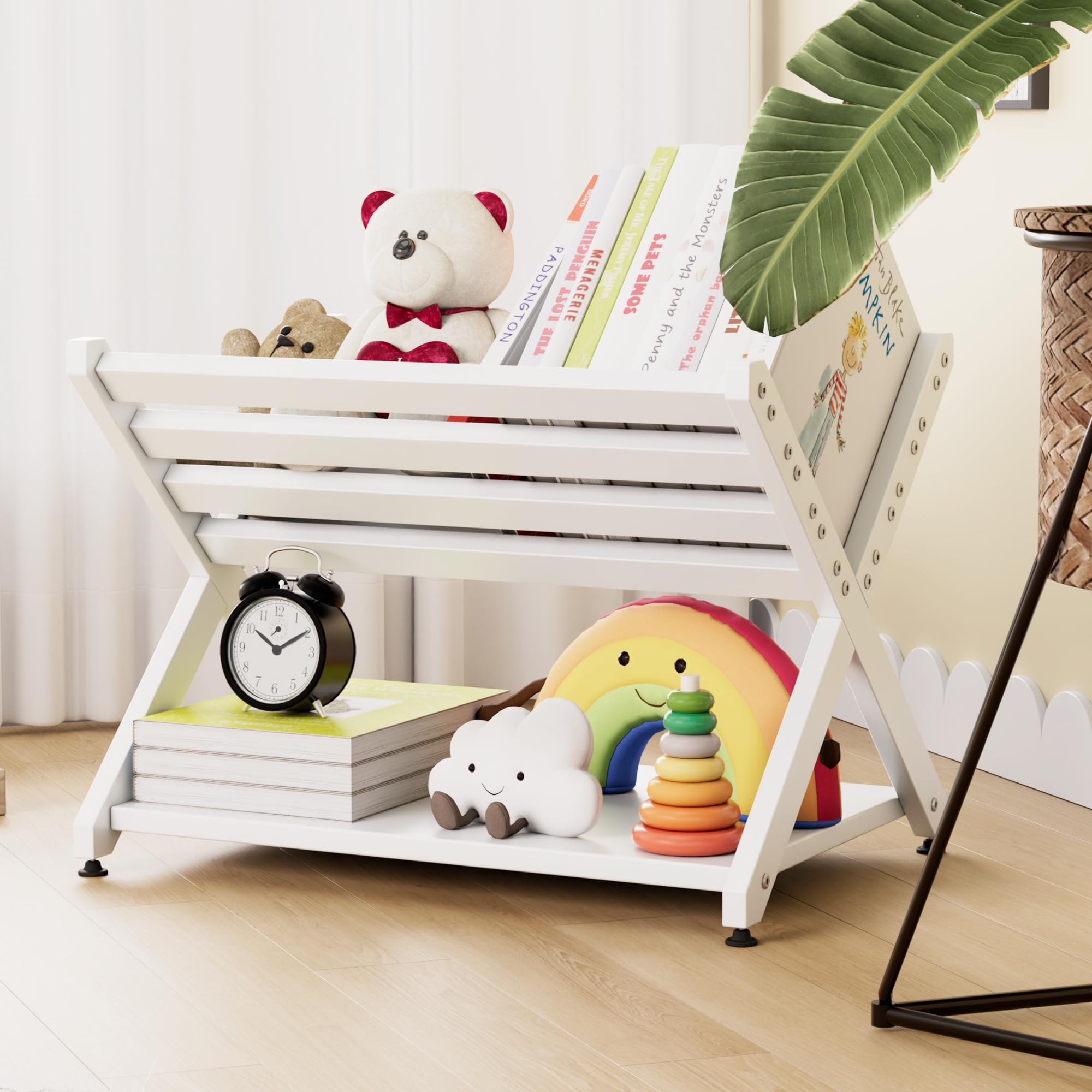Montessori Tilted Kids Bookshelf, Toddler Bookcase X-Shape Display Shelf for Playroom