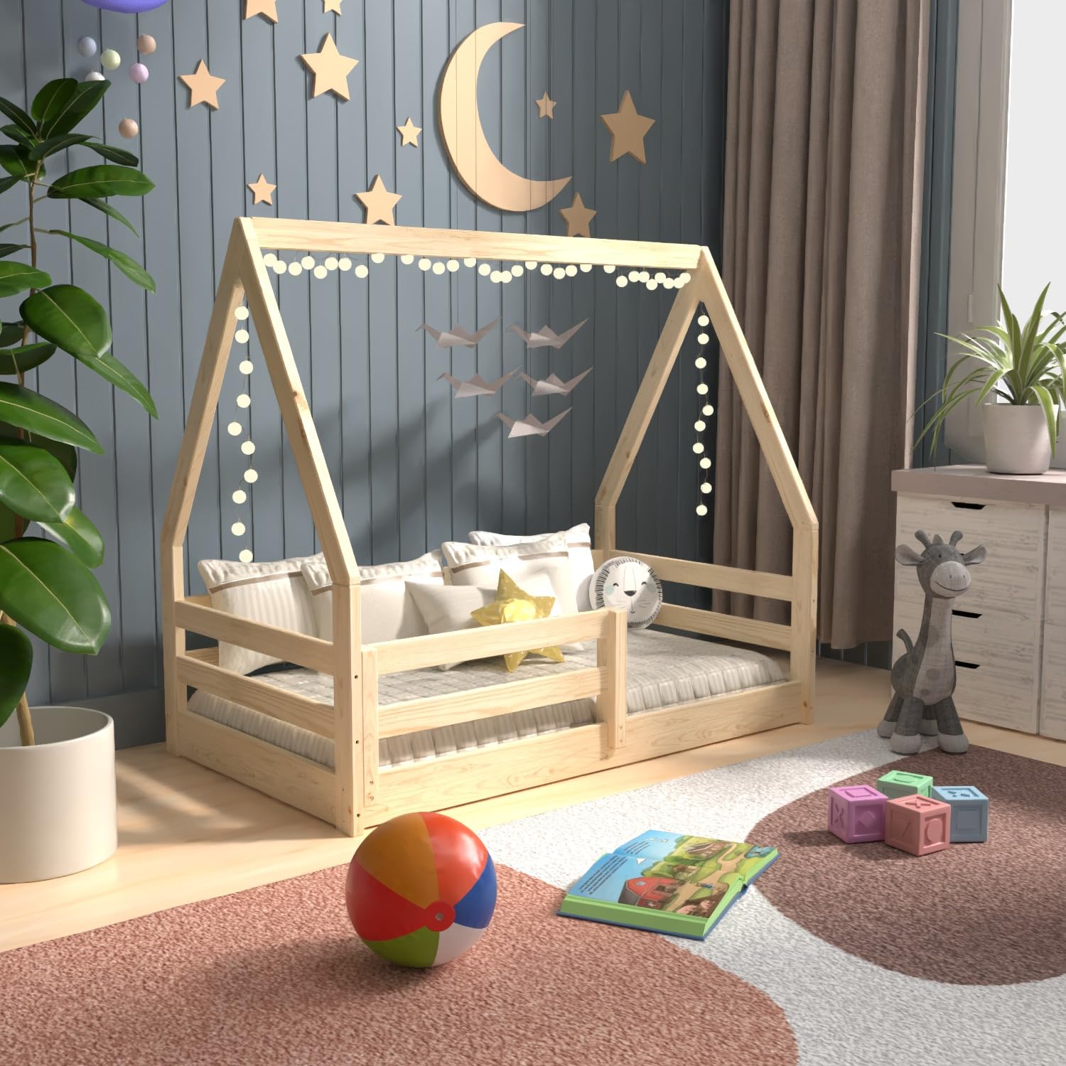 Montessori Toddler Floor Bed with Rails - Solid Pine Wood