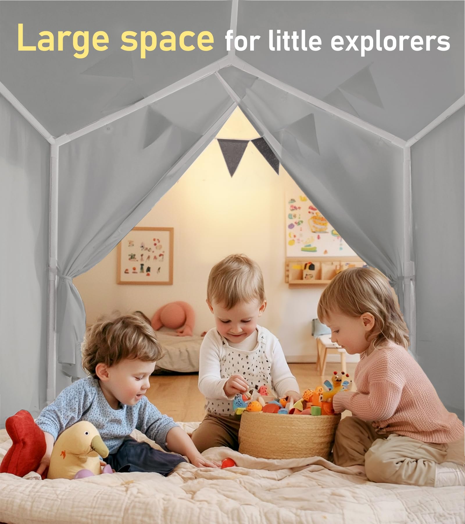 Kids Tent, Play Tent with Star Lights, Large Play Tents with 2 Windows, Kids Playhouse Indoor & Outdoor, Reading Nook, Christmas Toddler Tents for Girls & Boys, 52" x35" x 51", Gray