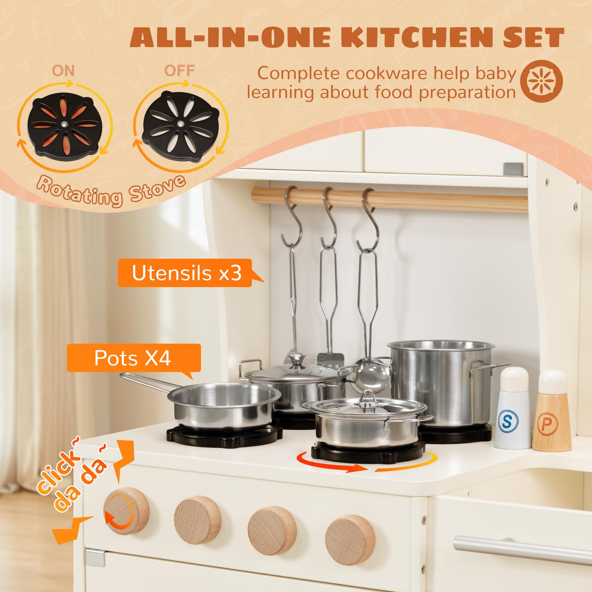 PHGLL Play Kitchen for Kids Wooden Toy Playset with Storage System, Chef Pretend Play Set with Oven, Utensils, Cupboard, Sink, Clicking Knobs, Toddler Kitchen Play for Ages 3+