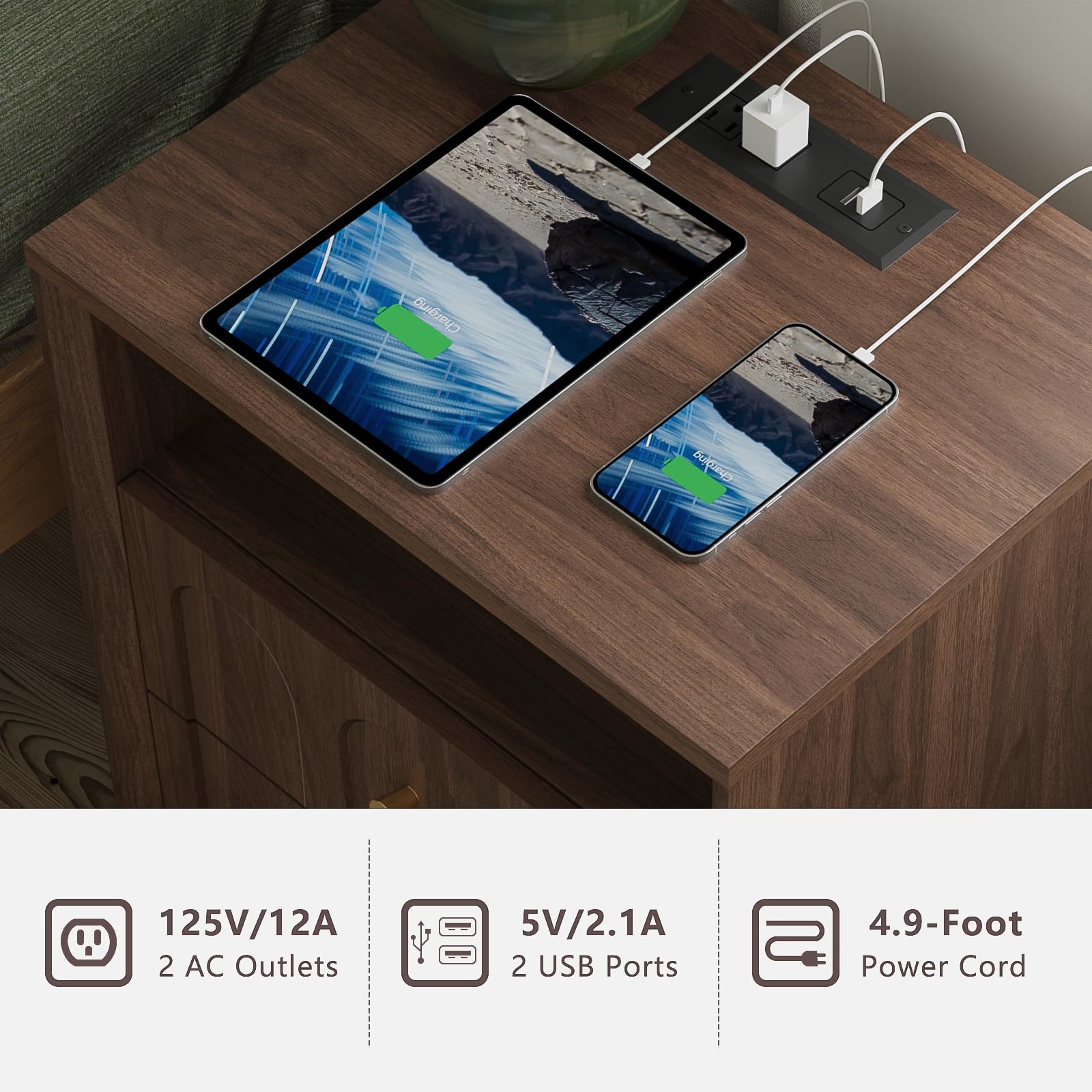 Nightstand with Charging Station, Mid Century Modern Nightstand with Arched Design, Minimalist End Table with Wood Grain Texture, Bedside Table for Bedroom Living Room Sofa Office, Walnut