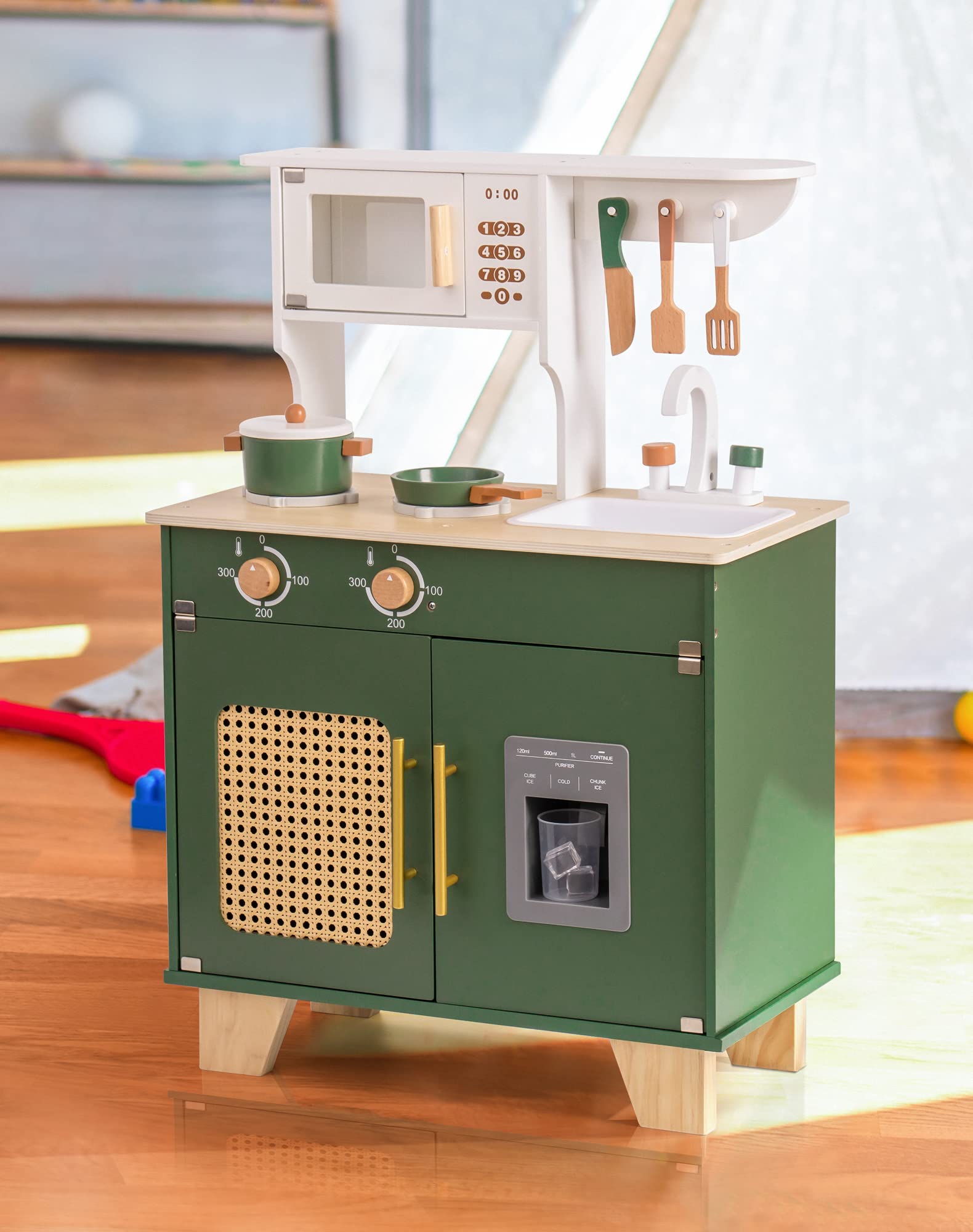 Play Kitchen with Pretend Ice Cube Dispenser for Toddler, Wooden Kids Kitchen Play Set