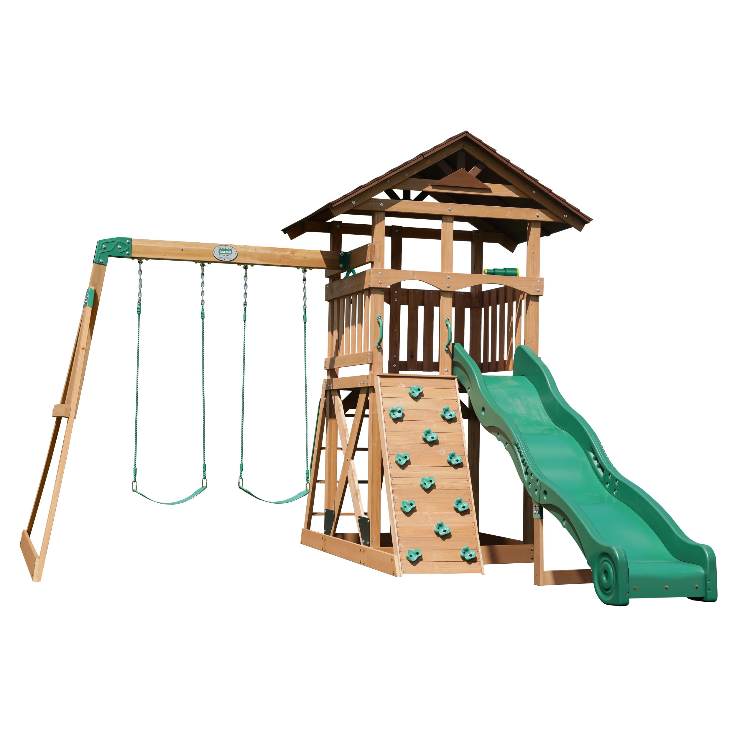 Cedar Wood Swing Set with Wave Slide Rock Wall Sandbox