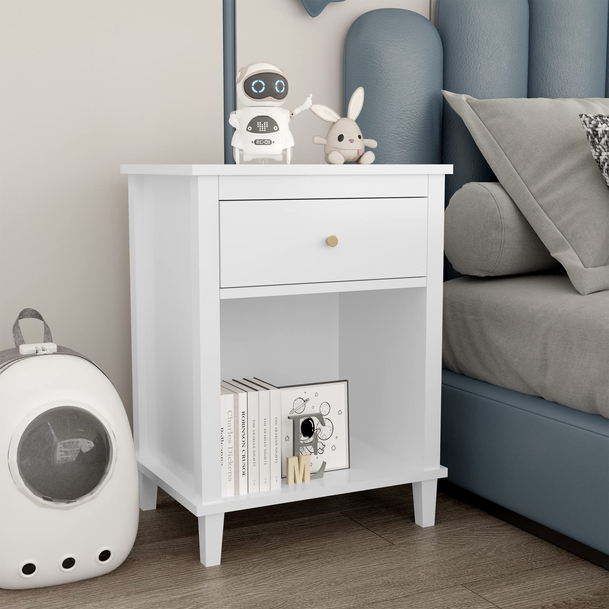 Kids Nightstand with Drawer and Storage Shelf