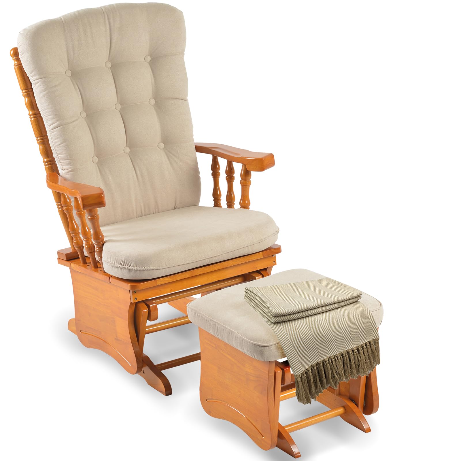 Solid Wood Glider Rocking Chair with Ottoman and Padded Cushion