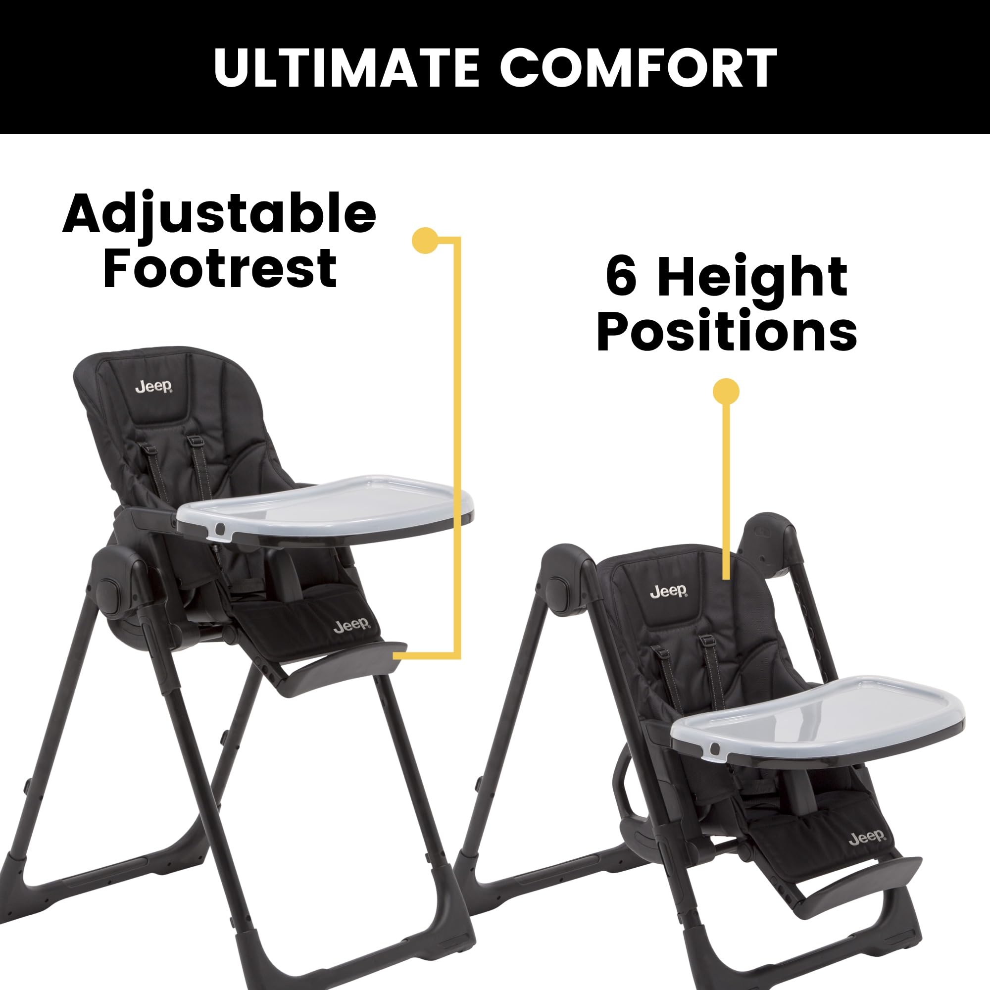 Jeep by Delta Children Classic Convertible 2-in-1 High Chair for Babies and Toddlers with Adjustable Height, Recline & Footrest - Dishwasher Safe Meal Tray, Black