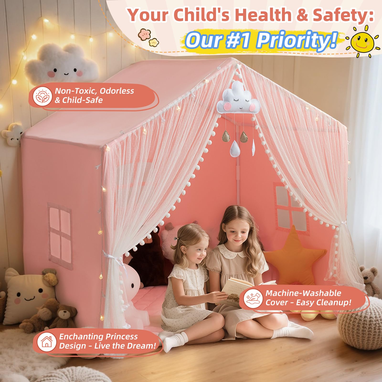Large Kids Play Tent with Padded Mat and Star Lights