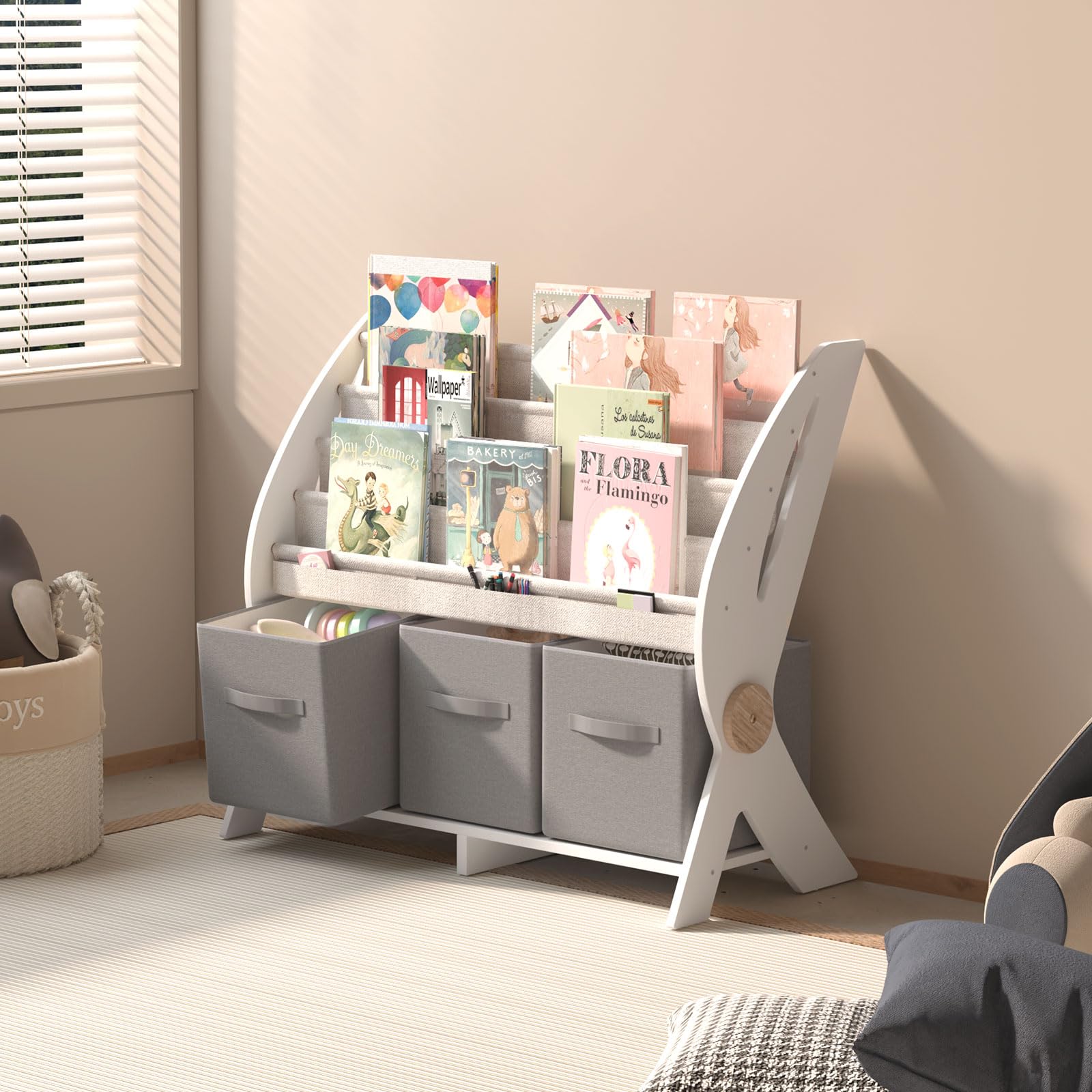 Kids Bookshelf with Drawers，2-in-1 Toddler Bookcase Fabric Cube Storage