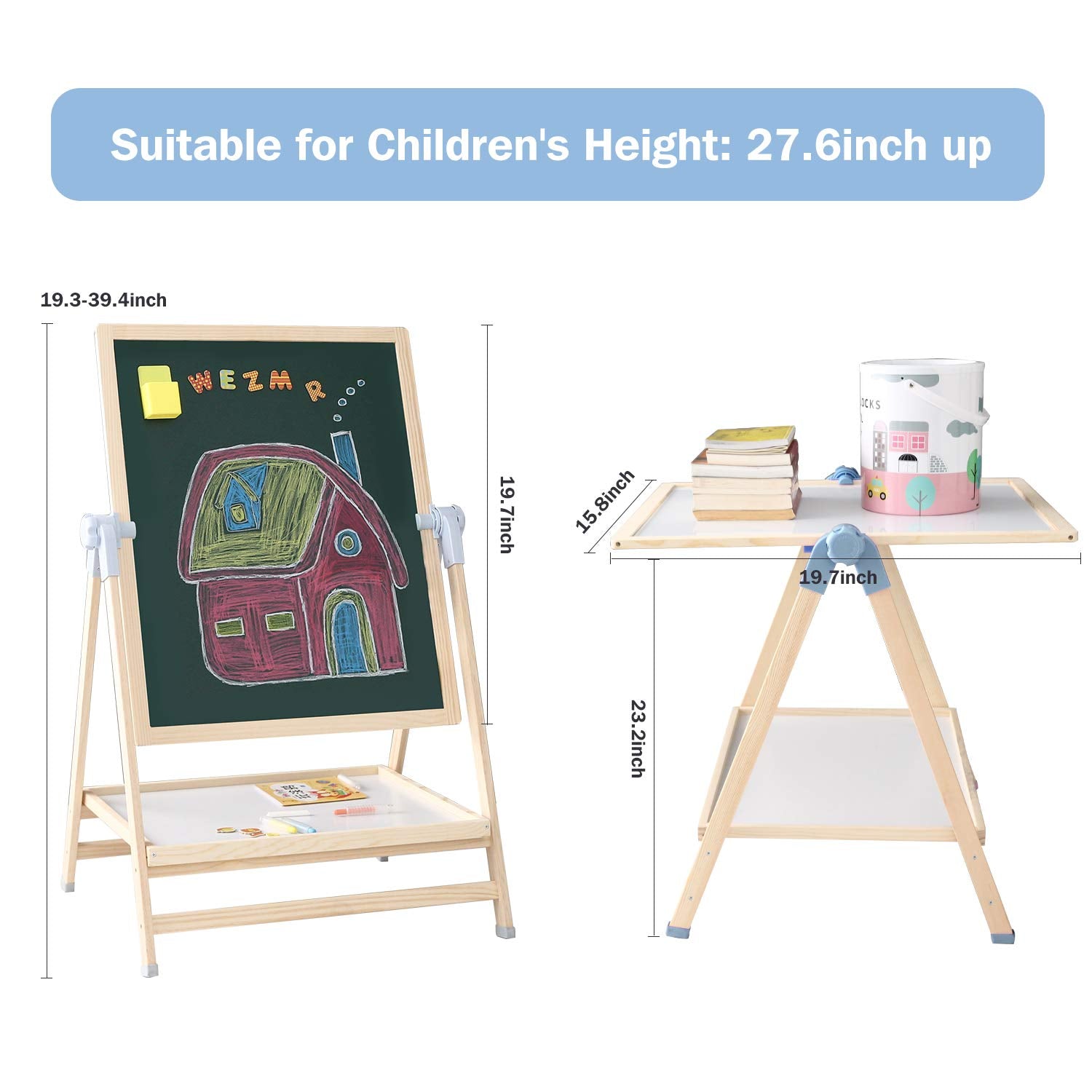 QZMTOY Kids Art Easel, Deluxe Standing Easel Set, Adjustable Art Table, Dry Erase Board&Chalkboard Double Sided Stand, 360°Rotating Drawing Easels with Art Supplies, Adjust Height 28-39in