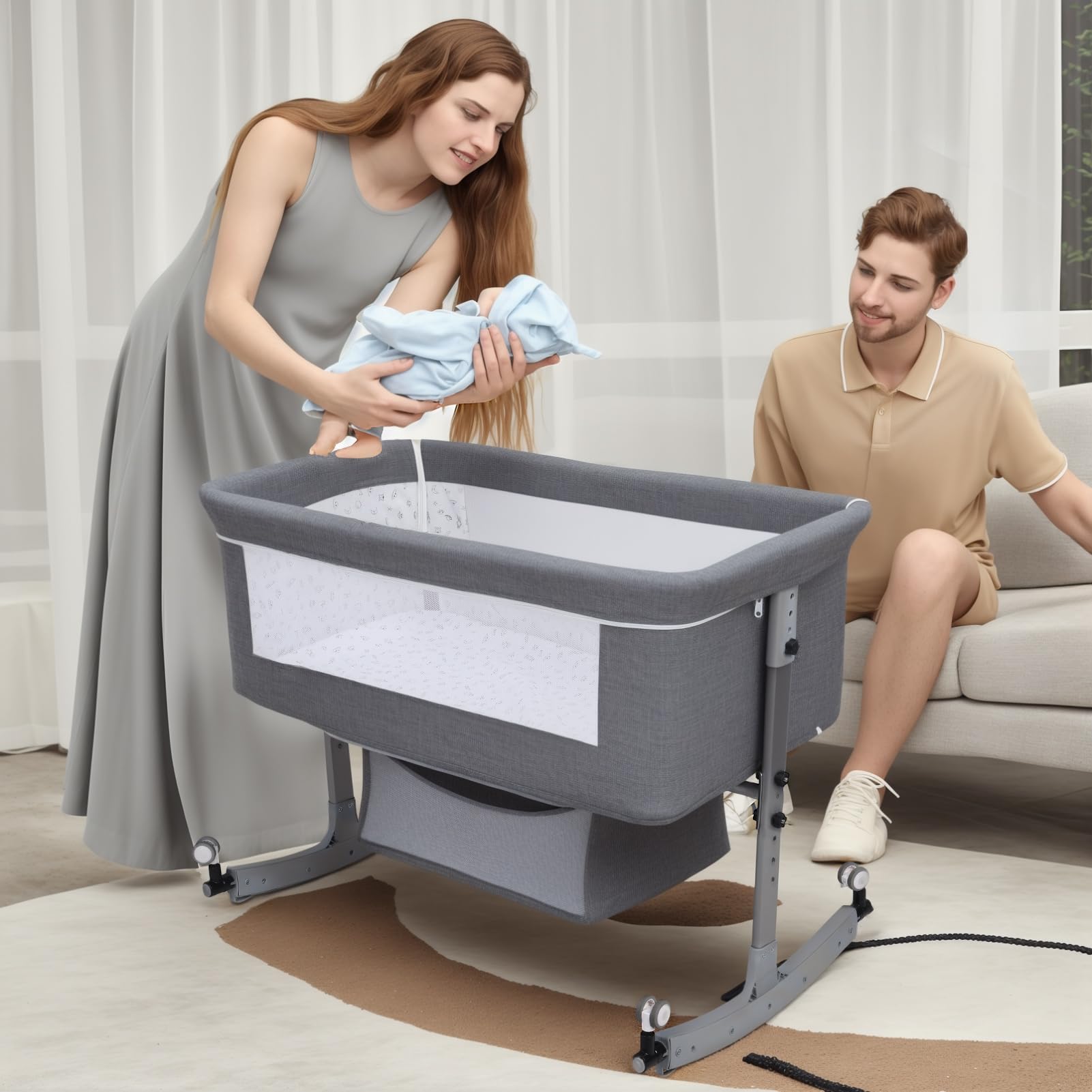 Height Adjustable Bedside Bassinet with Mosquito Net