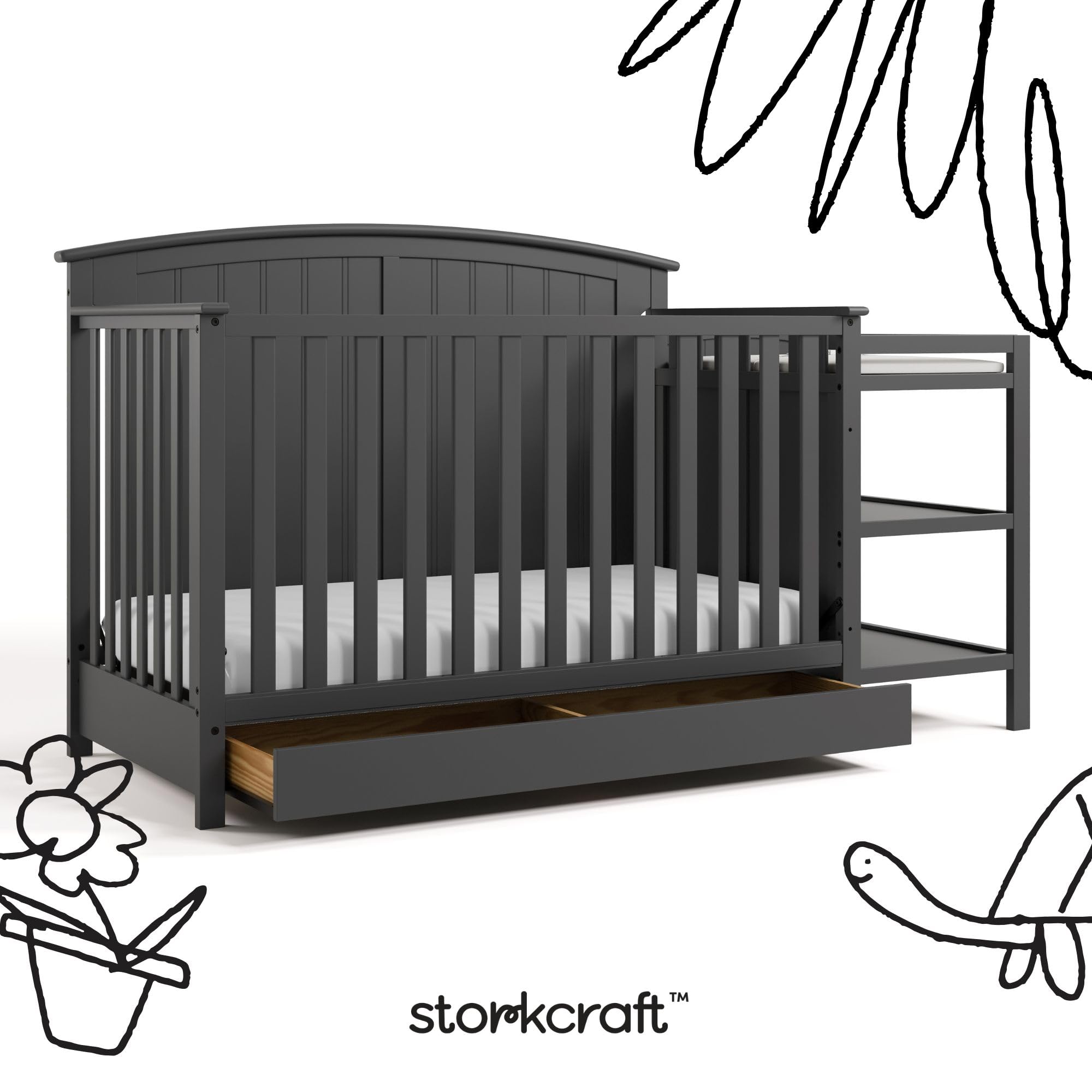 5-in-1 Convertible Crib with Changing Table and Drawer